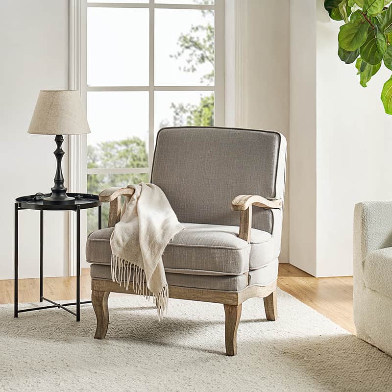 Randolph Farmhouse Upholstered Accent Chair with Wooden Legs - Comfortable Living Room Armchair for Home Decor, Reading Nook & Cozy Sitting Area (Multiple Style Options Available)