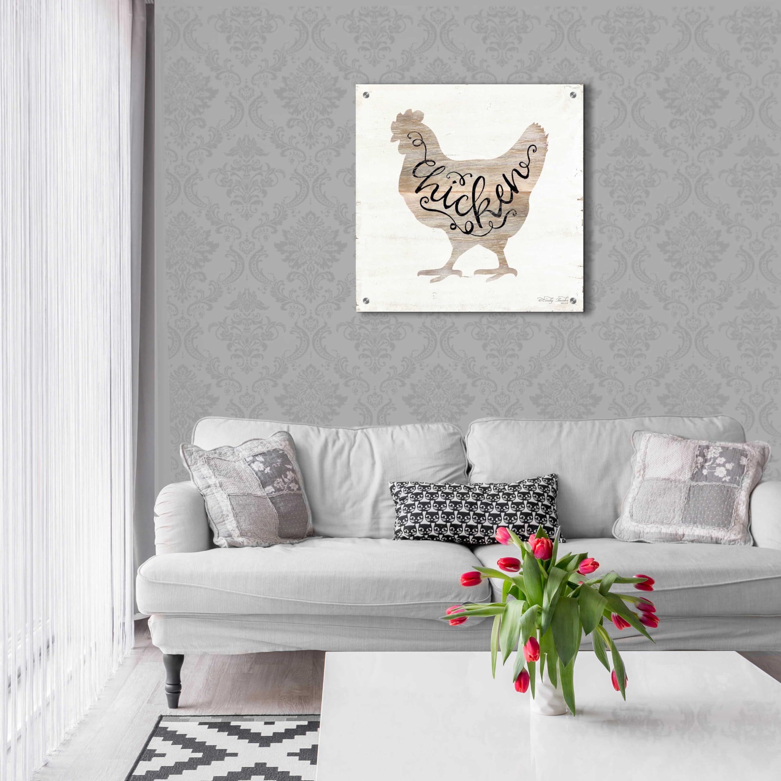 Epic Art 'Chicken in Beige' by Cindy Jacobs - 24x24 Inch Acrylic Glass Wall Painting - Modern Home Decor for Living Room, Bedroom & Office