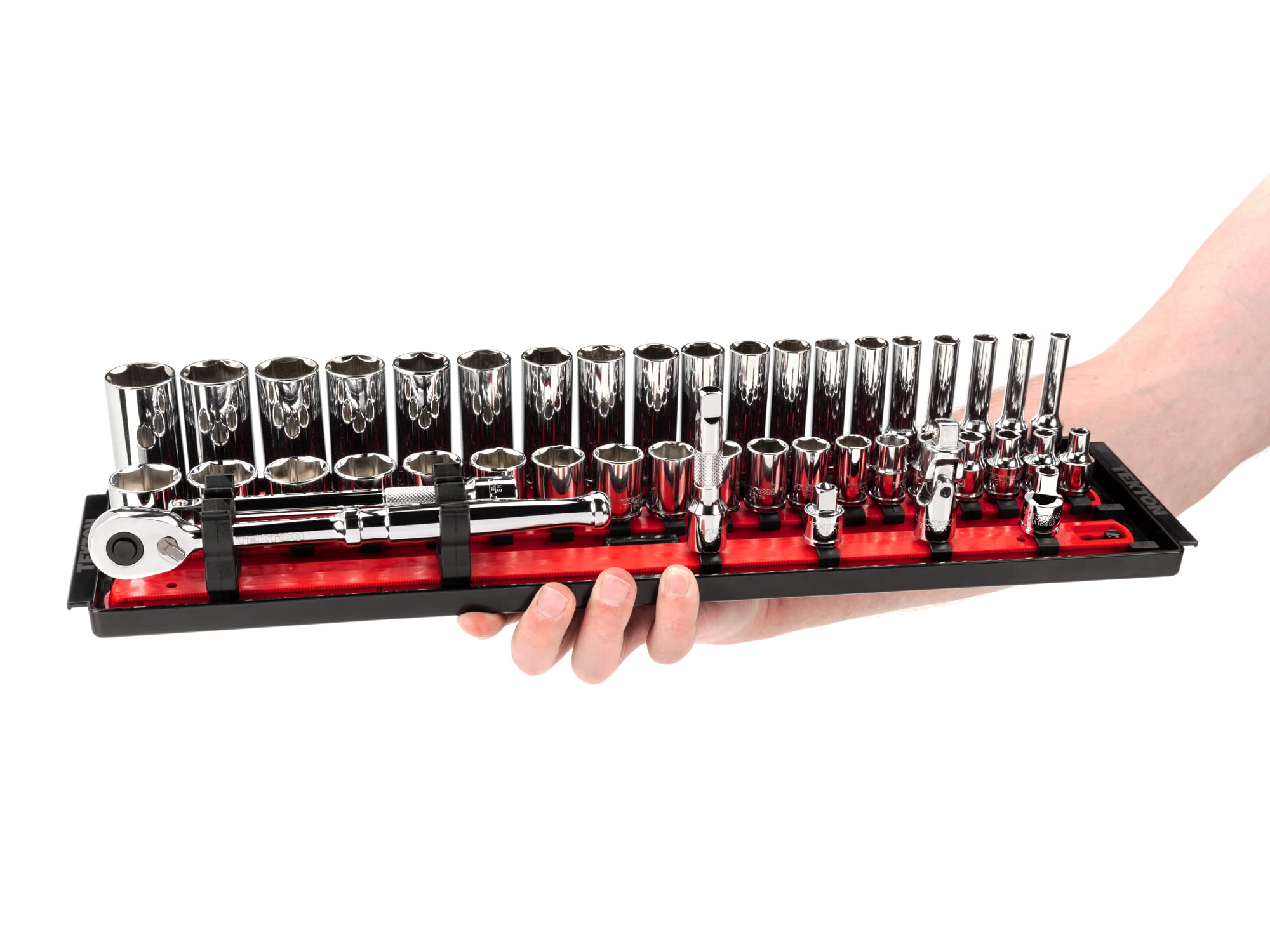 TEKTON 3/8 Inch Drive 44-Piece 6-Point Socket and Ratchet Set with Rails (6-24mm) | SKT13201 | Perfect for Automotive Repair, DIY Projects, and Home Maintenance