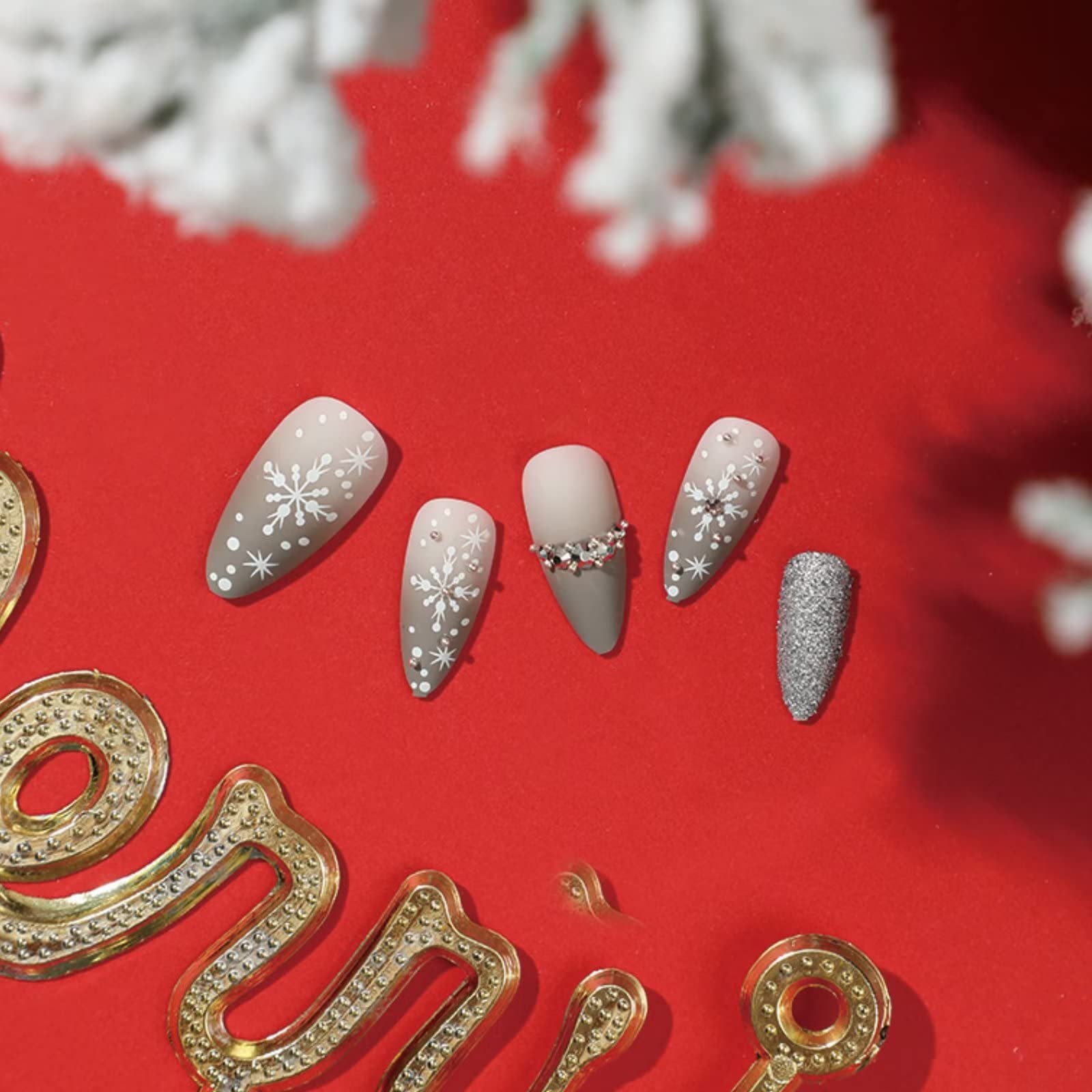 RUNRAYAY Christmas Gradient Grey French Ballerina Press On False Nails with Snowflake Rhinestones - Almond Natural Coffin Fake Nails for Holiday Parties, Gift Giving & Special Occasions