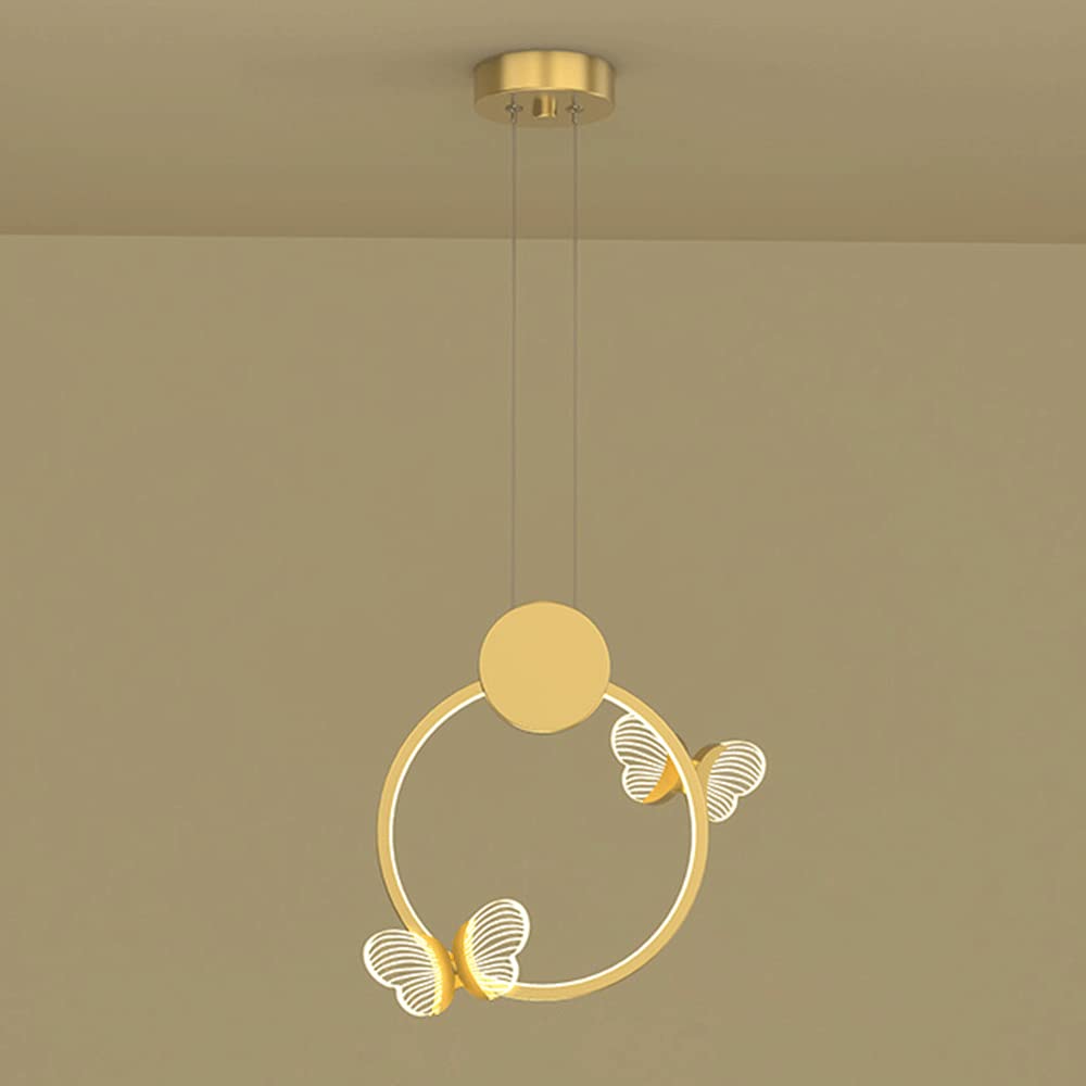 Creative Metal Ring Pendant Lamp with Acrylic Butterfly - 24W Modern LED Hanging Light, Minimalist Gold Ceiling Fixture for Dining Room, Bedroom & Living Room Decor - Energy Efficient Dimmable Lighting for Home & Cafe