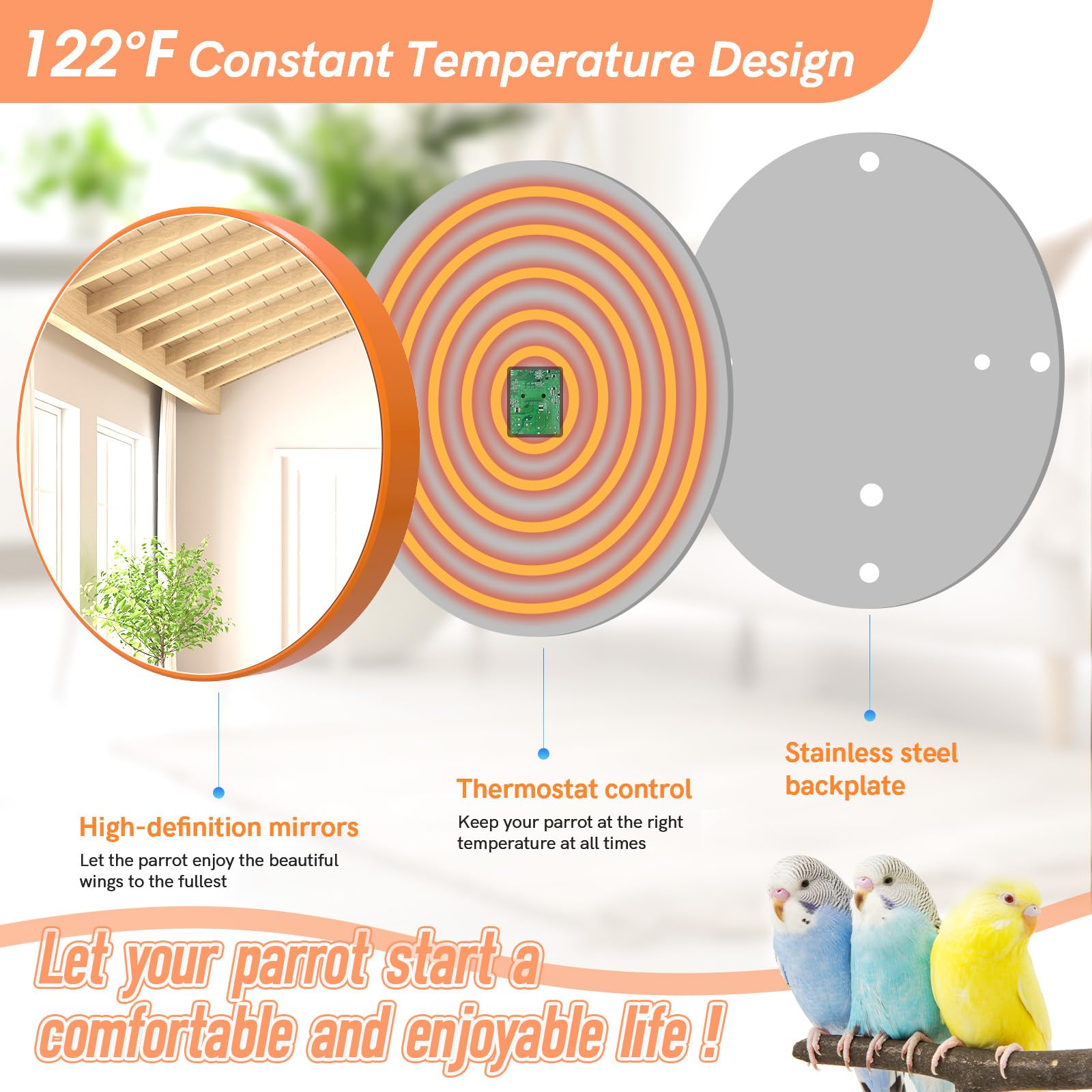 18W Thermostatically Controlled Bird Heater for Cage - Heated Pad with Mirror & Anti-Bite Rope - Safe Warmer for Parakeets, Parrots & Exotic Birds | Perfect for Winter & Cold Climates