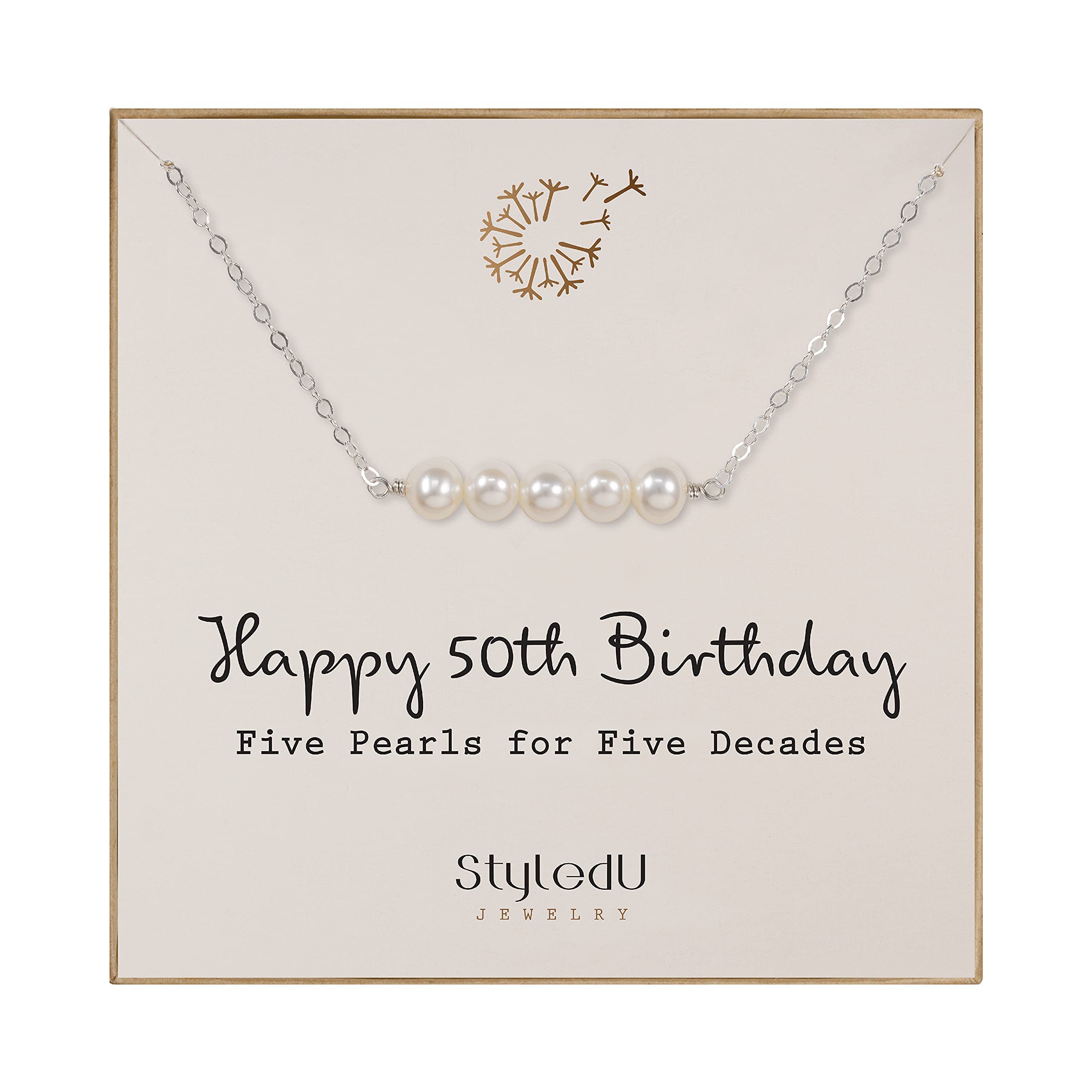 50th Birthday Pearl Necklace for Women - Sterling Silver 5 Decades Gift for Her - Perfect for Anniversary & Milestone Celebrations
