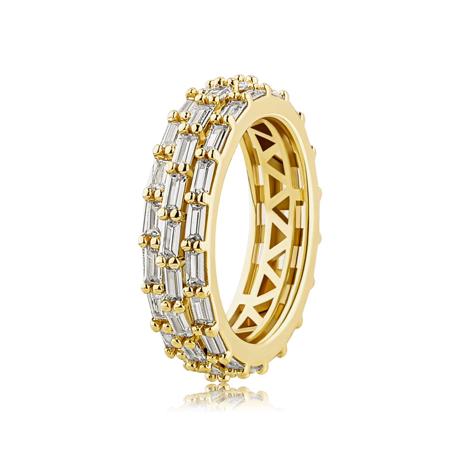 TOPGRILLZ 3 Rows Baguette Wedding Band Ring for Women - 18K Gold Plated Diamond Eternity Ring with 4 Prong Setting - Perfect Engagement, Anniversary & Bridal Jewelry Gift for Her