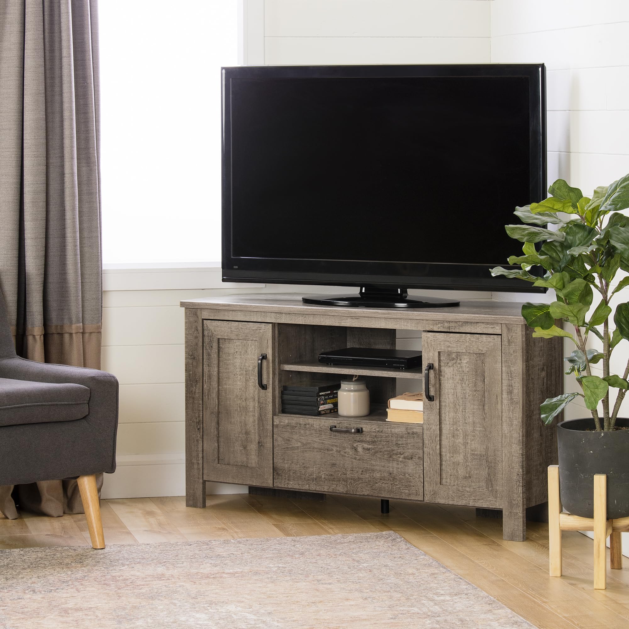 South Shore Lionel Corner TV Stand in Weathered Oak - Stylish & Durable Entertainment Center for Living Room, Bedroom, or Home Theater