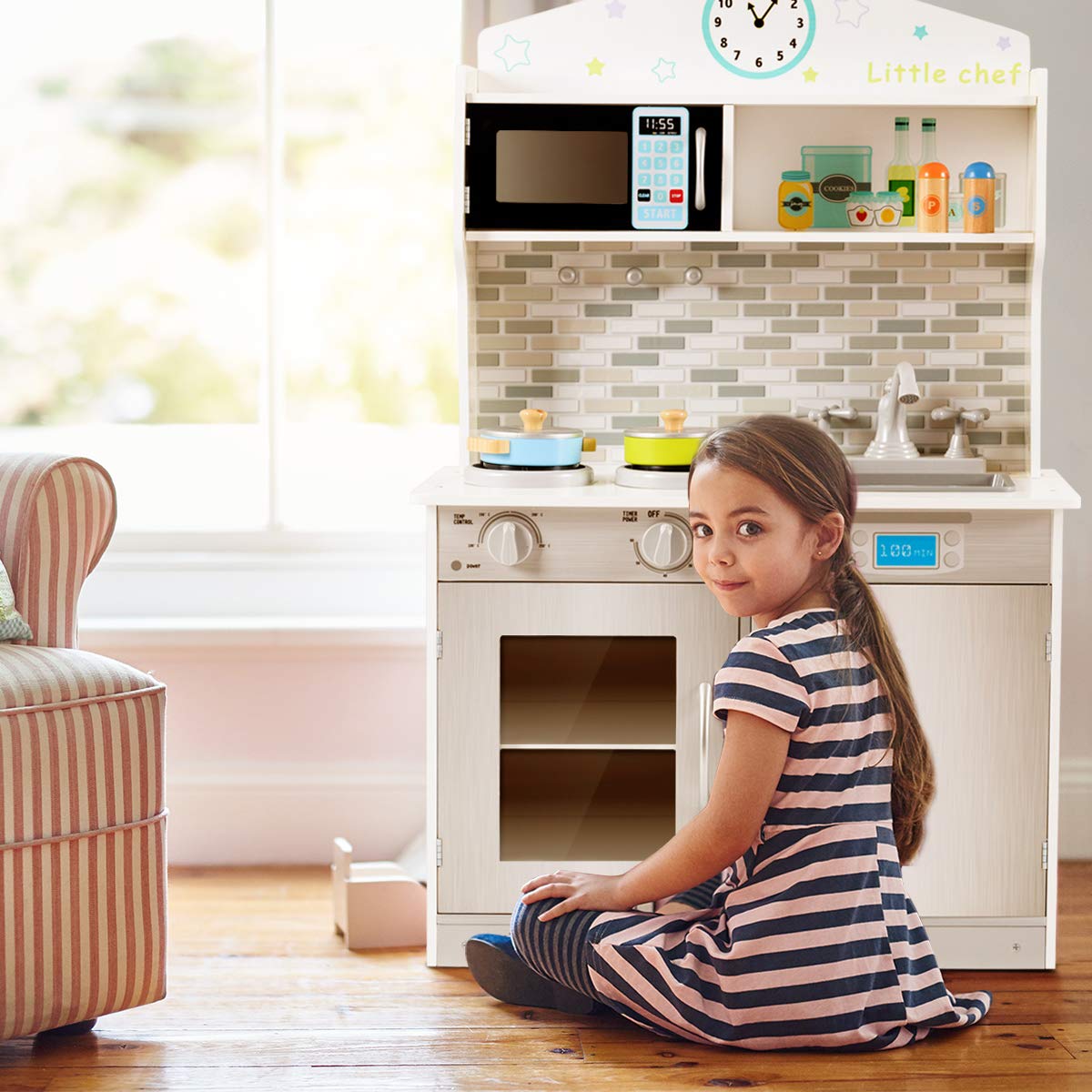 MAT EXPERT Kids Wooden Chef Pretend Play Kitchen Set with Removable Sink, Cookware, Microwave & Storage Cabinet - Educational Toy Kitchen for Toddlers Age 3+ - Perfect Gift for Boys & Girls - Great for Pretend Play, Role-Playing & Early Learning Development