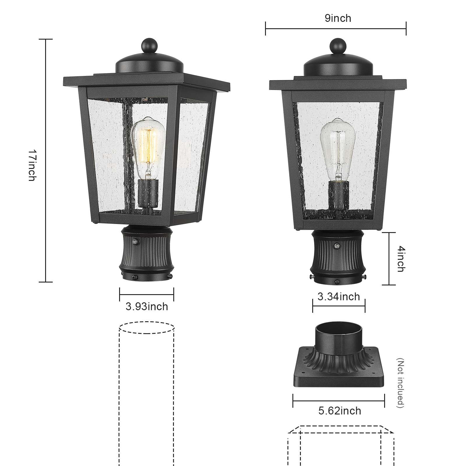 Dusk to Dawn Outdoor Post Lights - Seeded Glass Lamp Post Light Fixture with Black Finish, Waterproof & Rust-Resistant Aluminum Pillar for Walkway, Driveway, Patio, Porch - Perfect for Garden, Yard, and Landscape Lighting