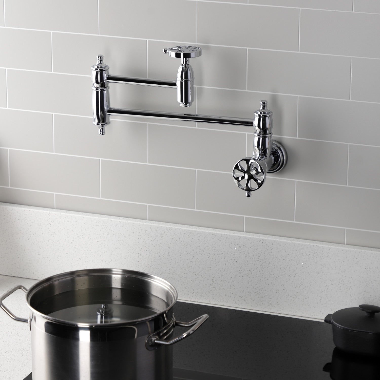 Belknap KS3101RX Two Handle Wall Mount Pot Filler Faucet - Polished Chrome Finish - Ideal for Kitchen Sink, Stove & Cooking Area