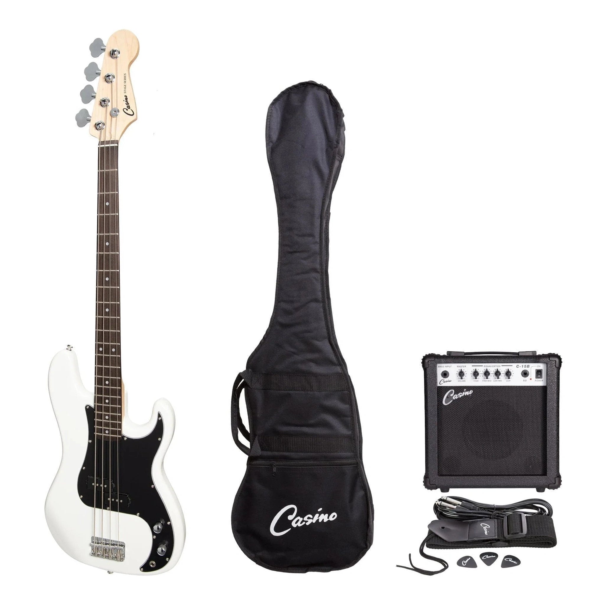 Casino P Style Electric Bass Guitar Pack with Amp - White | Perfect for Beginners, Live Performances & Home Practice