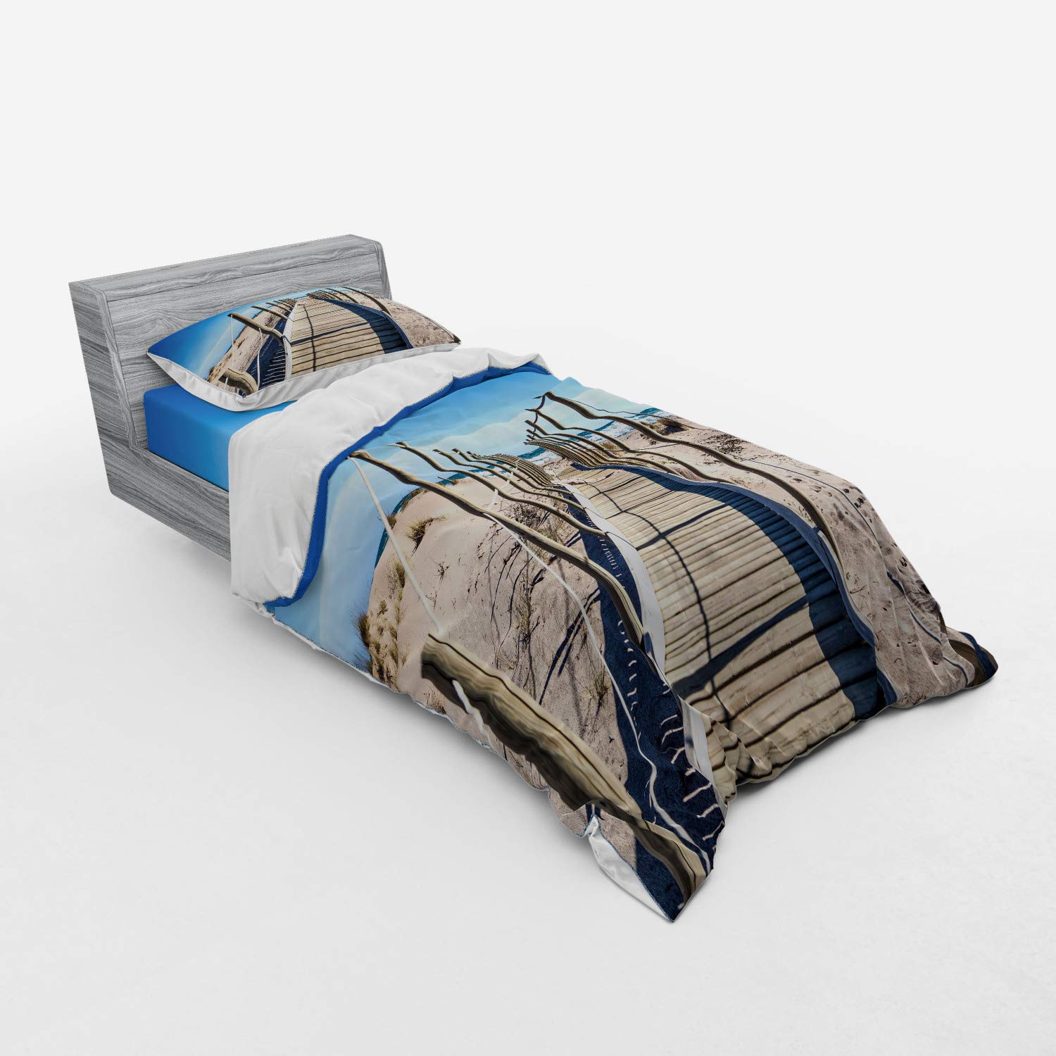 Ambesonne Beach Duvet Cover Set - Mediterranean Summer Theme 3-Piece Bedding with Sham & Fitted Sheet, Twin XL Size in Cream Blue | Coastal Decor for Guest Rooms, Vacation Homes & Beach House Bedrooms