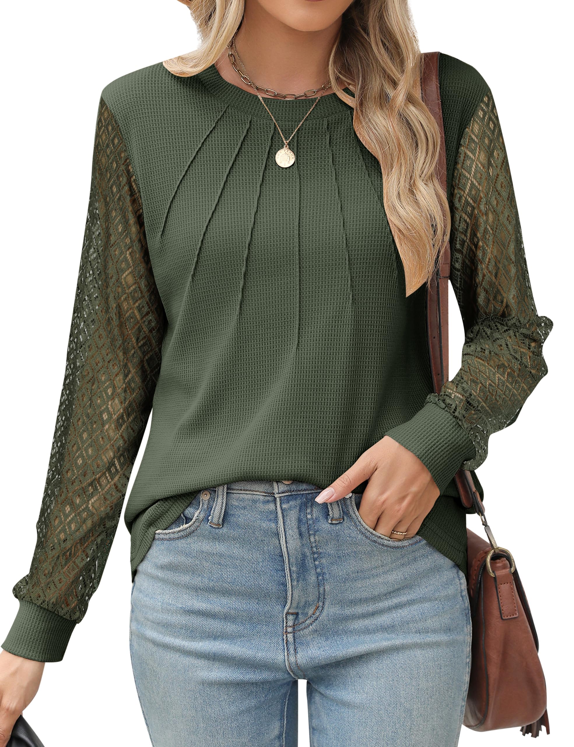 Blooming Jelly Women's Waffle Knit Long Sleeve Blouse - Elegant Business Casual Top with Lace Trim, Fall Fashion 2024 | Perfect for Office Wear, Date Nights & Autumn Outfits