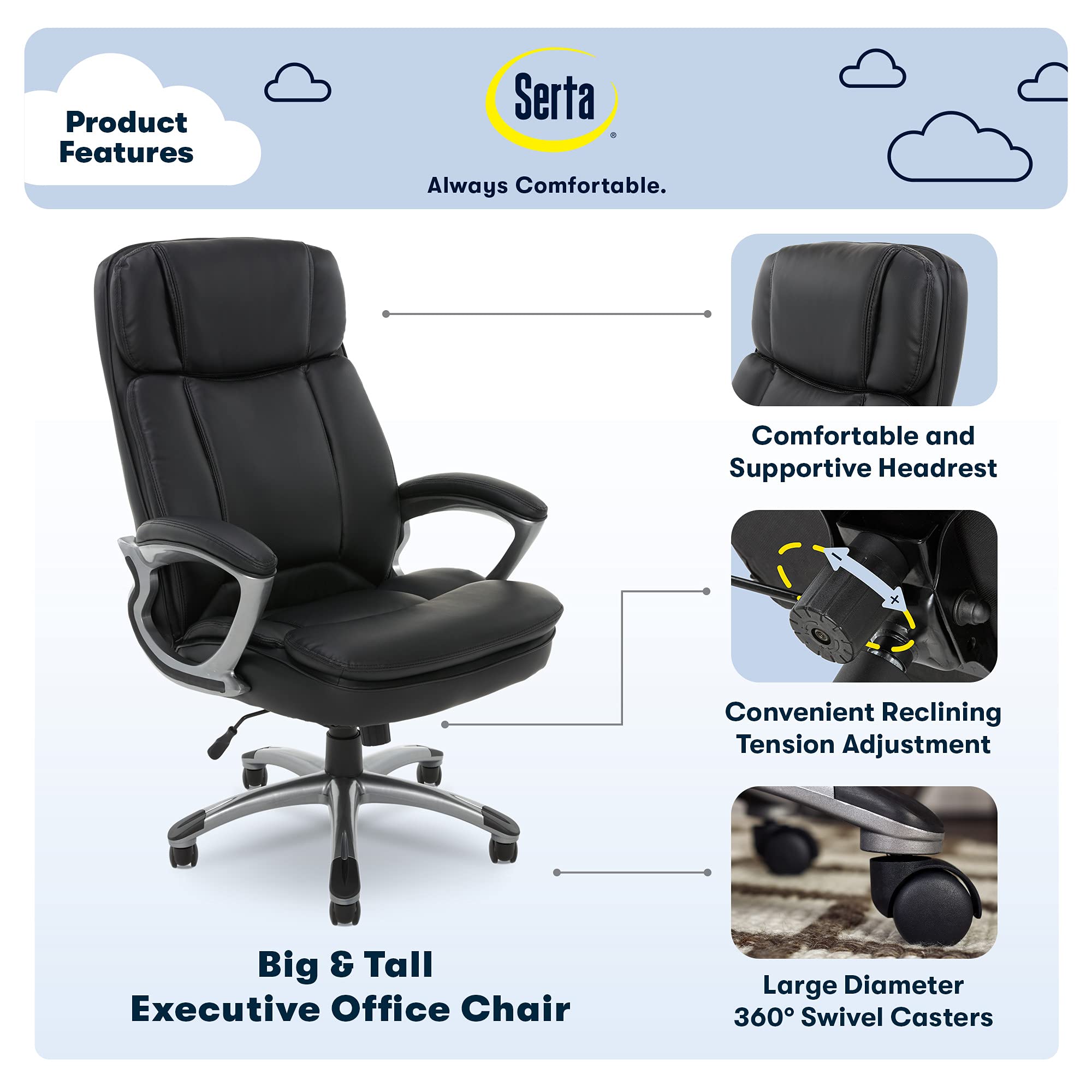 Serta Fairbanks Big and Tall High Back Executive Office Chair - Ergonomic Gaming Computer Chair with Layered Body Pillows & Contoured Lumbar Support - Black - Perfect for Long Work Hours, Gaming Sessions and Home Office Use