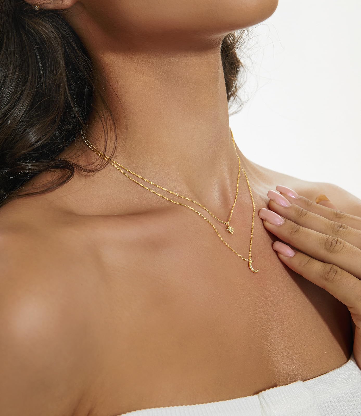 14K Gold Plated Moon and Star Pendant Necklace for Women - Dainty Layered Choker with CZ Diamonds | Trendy Gold Jewelry Gift for Her | Perfect for Date Nights, Office Wear & Special Occasions