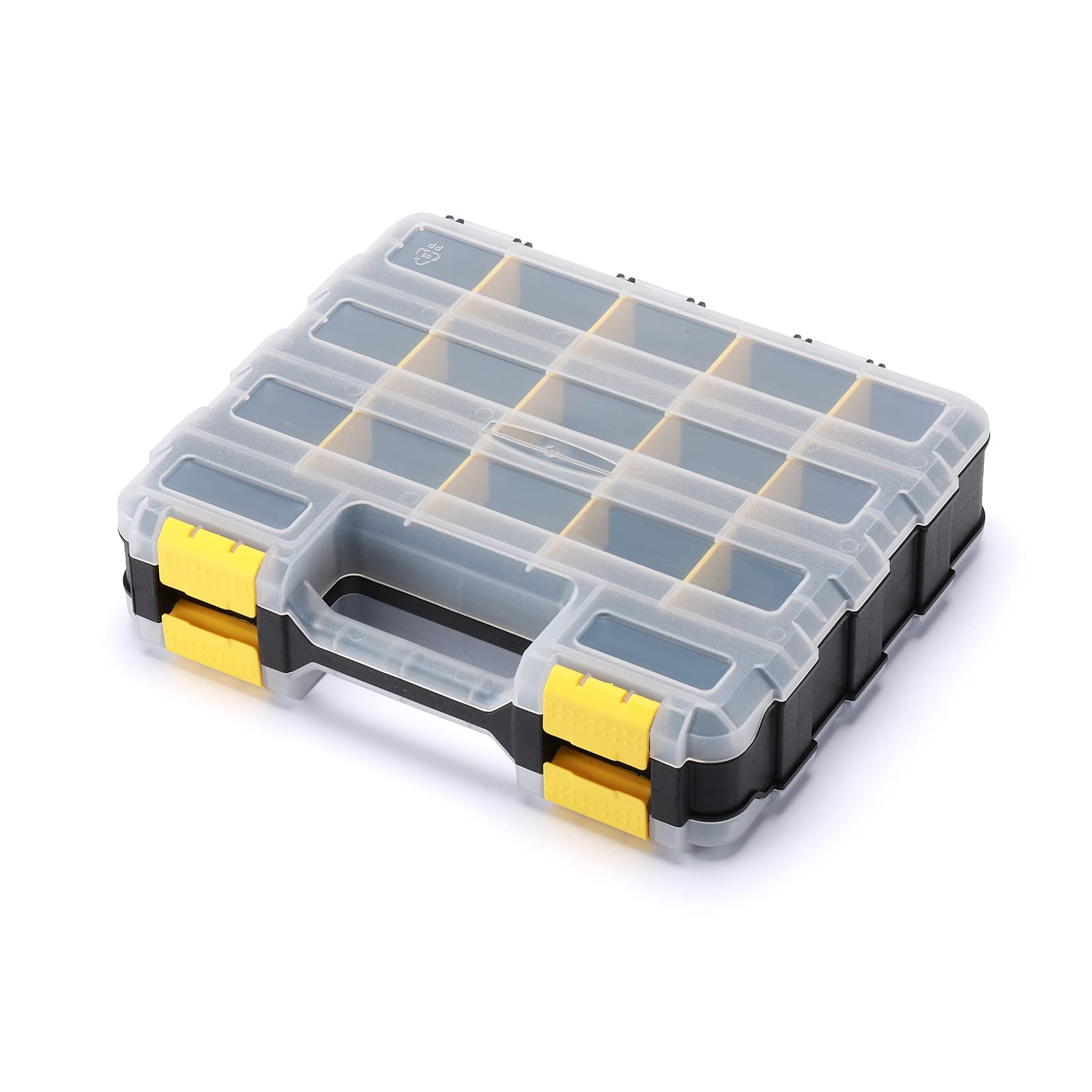 Mayouko Double-Sided Tool Organizer with Customizable Removable Plastic Dividers - 34-Compartment Hardware Storage Box for Small Parts (Black/Yellow) - Perfect for Workshop, Garage & DIY Projects