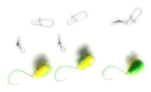 3 Surf Fishing Rigs with 1/0 Circle Hooks - 30lb Fluorocarbon Leader for Pompano, Snapper, Whiting, Drum & More - Neon Green Pro-Tec Hooks & Yellow/Green Bullet Floats - Perfect for Saltwater Beach Fishing & Pier Angling