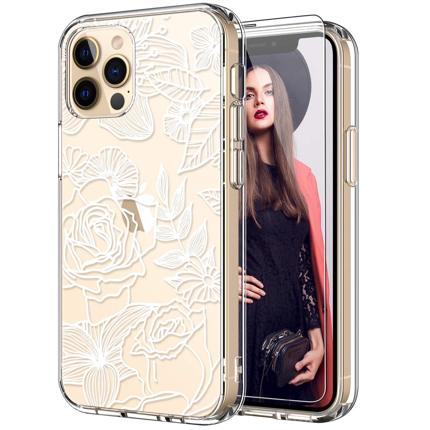ICEDIO iPhone 12 Pro Max Case with Screen Protector - Elegant White Floral Design, Clear TPU Protective Cover for Women (6.7 Inch) | Perfect Gift for Her, Everyday Use & Special Occasions