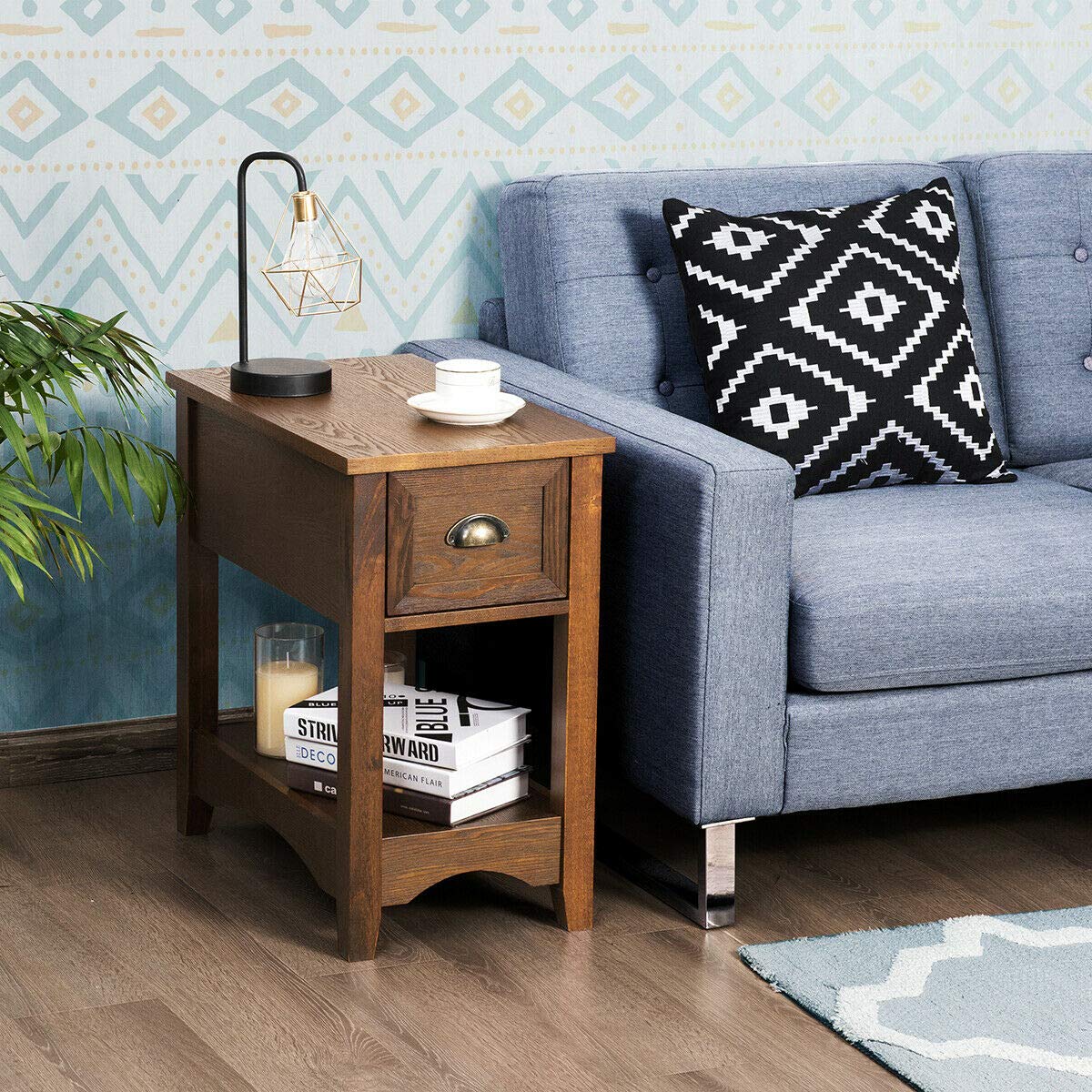 Giantex Retro Narrow End Table with Drawer & Storage Shelf - Solid Wood Nightstand for Bedroom, Living Room, Home Office - Small Space Furniture for Apartment, Dorm, Studio (2-Pack, Tawny)