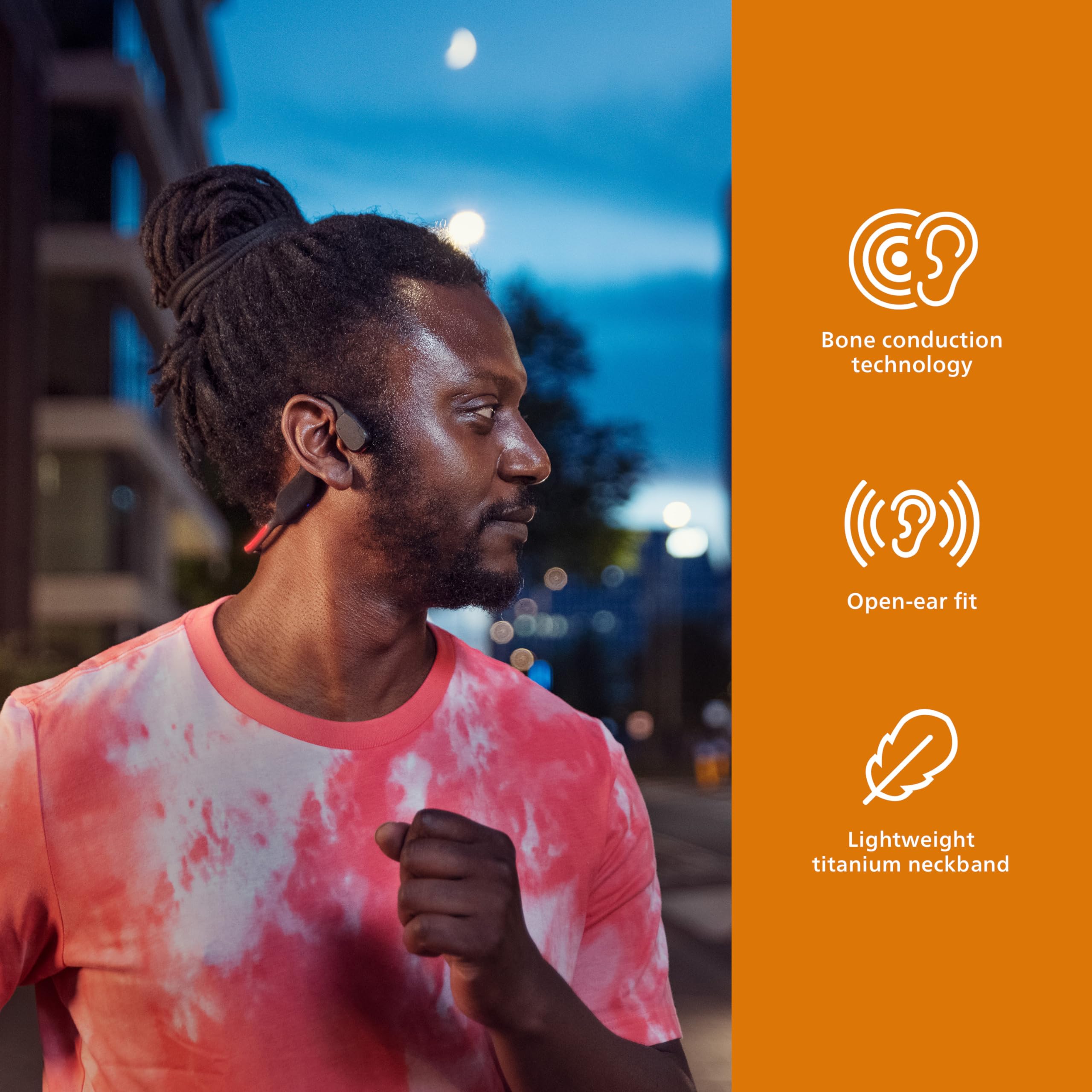 PHILIPS A7607 Wireless Bone Conduction Headphones - Bluetooth Open-Ear Headset with AI Noise Cancelling Mic, 9H Battery & Fast Charge, IP66 Waterproof, LED Safety Lights & App Control (Black) - Perfect for Running, Cycling & Outdoor Sports