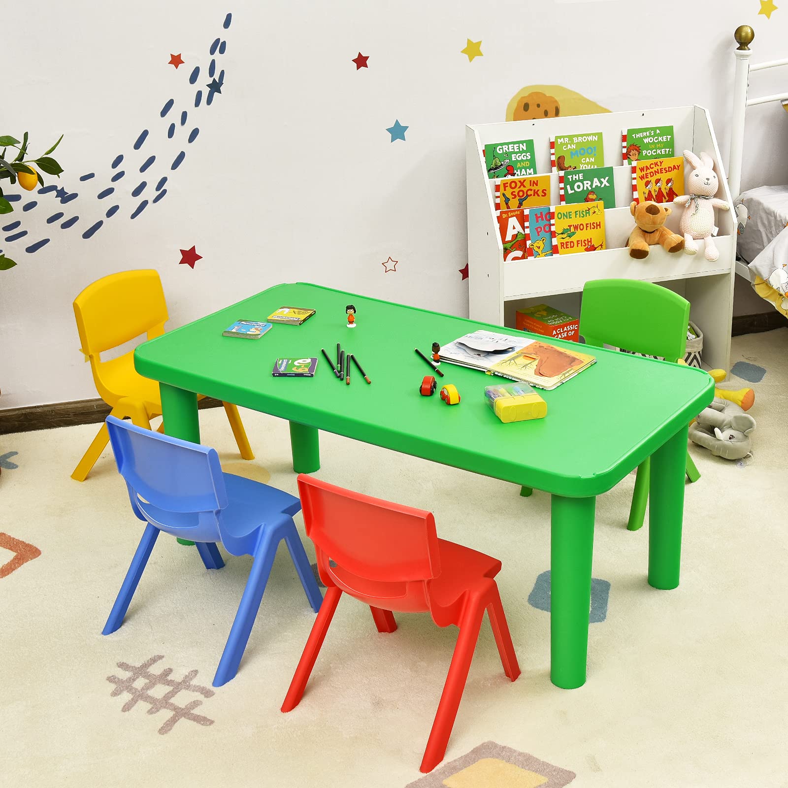 KOTEK Kids Plastic Table and Chair Set - 4 Stackable Chairs with Green Activity Table, Colorful Playroom Furniture for Learning & Fun | Perfect for Preschool, Daycare & Home Play Areas