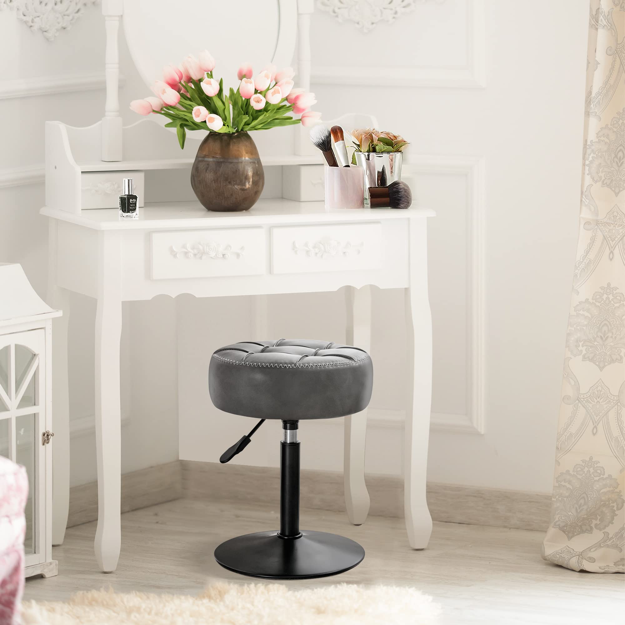 LUE BONA Adjustable Vanity Stool with 360° Swivel - Small Faux Leather Makeup Chair Stool for Bathroom, Bedroom & Living Room - Grey Modern Vanity Seat for Dressing Table, Beauty Salon & Home Decor