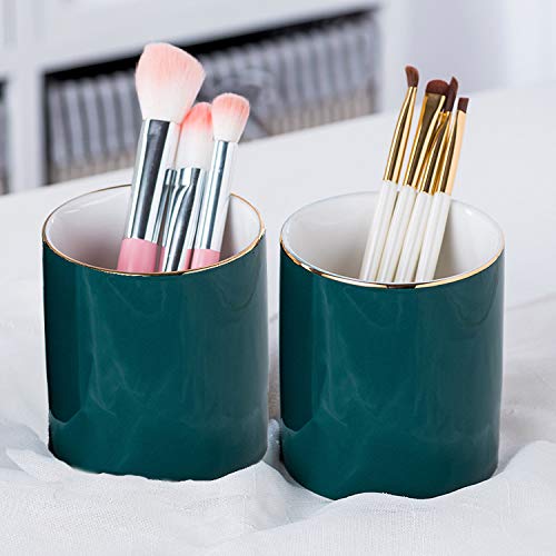 Ceramic Pen Holder for Desk - Cute Green Pencil Cup Organizer with Brush Storage | Perfect for Office, School & Home Workspace Organization