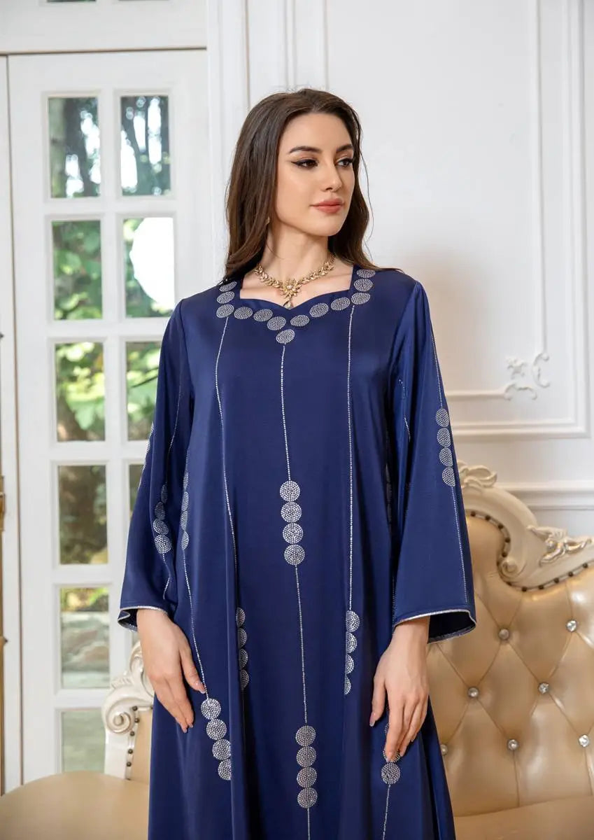 Elegant Hotfix Rhinestone Satin Jalabiya Caftan Dress for Women - Perfect for Eid Celebrations, Weddings & Special Occasions