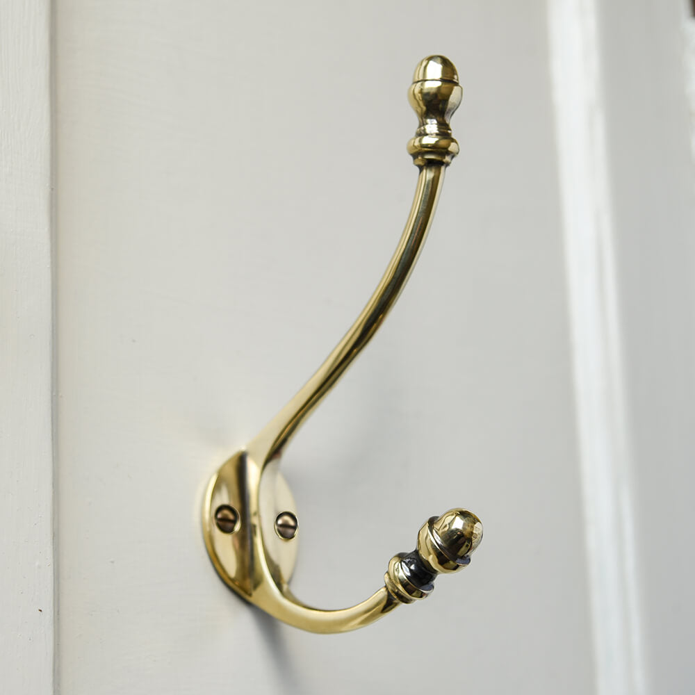 Vintage Polished Antique Brass Double Coat Hook - Heavy Duty Wall Mounted Hanger for Jackets, Hats & Bags - Perfect for Entryway, Mudroom & Bathroom Organization