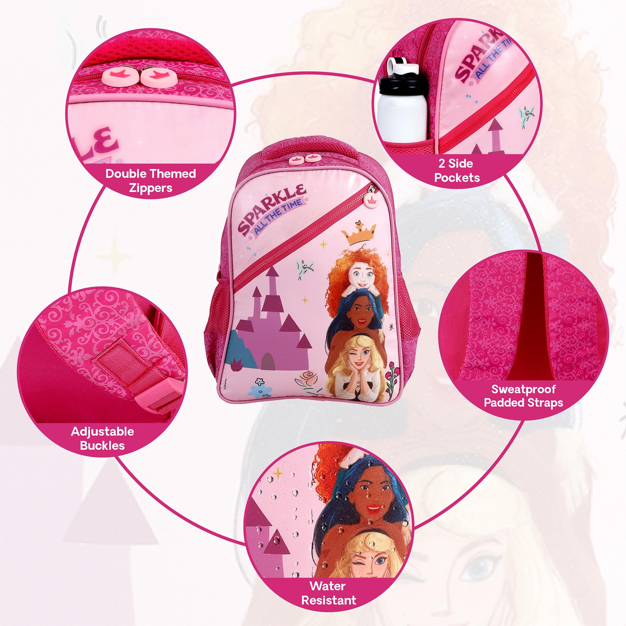 **Disney Princess School Backpack for Girls - 16 Inch Large Water Resistant Kids Backpack - Cute Durable Travel Bag for School, Tuition, Picnic & Gift**