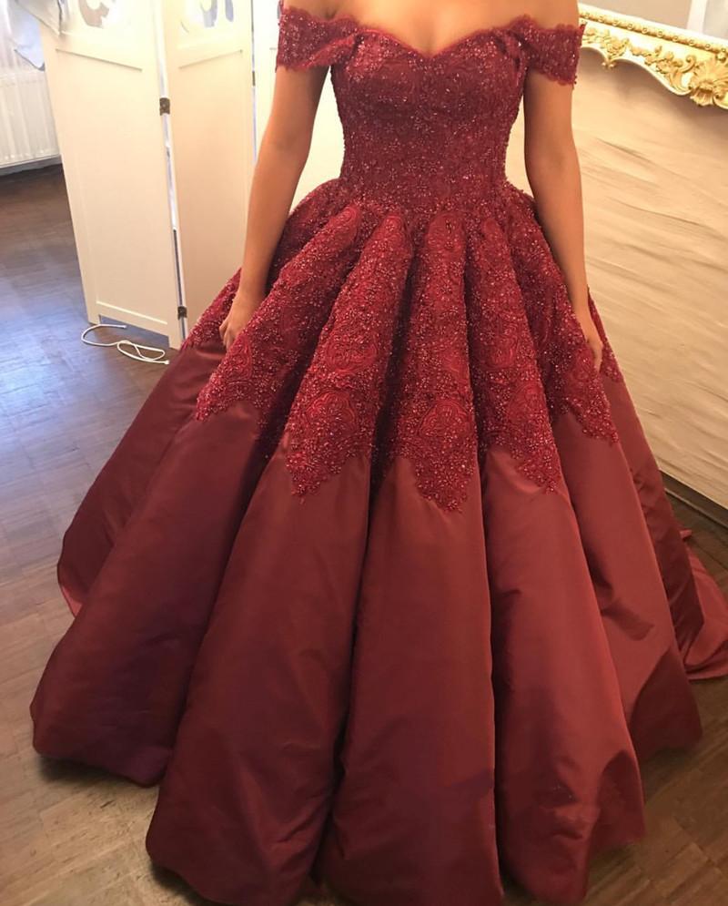 Elegant Burgundy Taffeta Wedding Ball Gown with Lace Off-Shoulder Design - Perfect for Bridal, Prom, Formal Events & Evening Galas