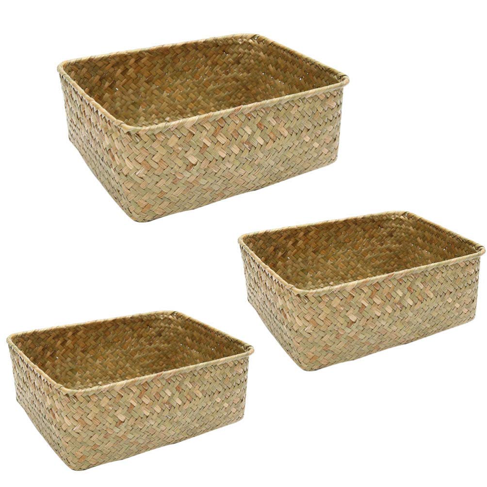 Cabilock 3-Piece Woven Storage Baskets Set - Desktop Organizer for Tea, Sundries & Clutter - Decorative Flower Basket for Home, Office & Kitchen Organization