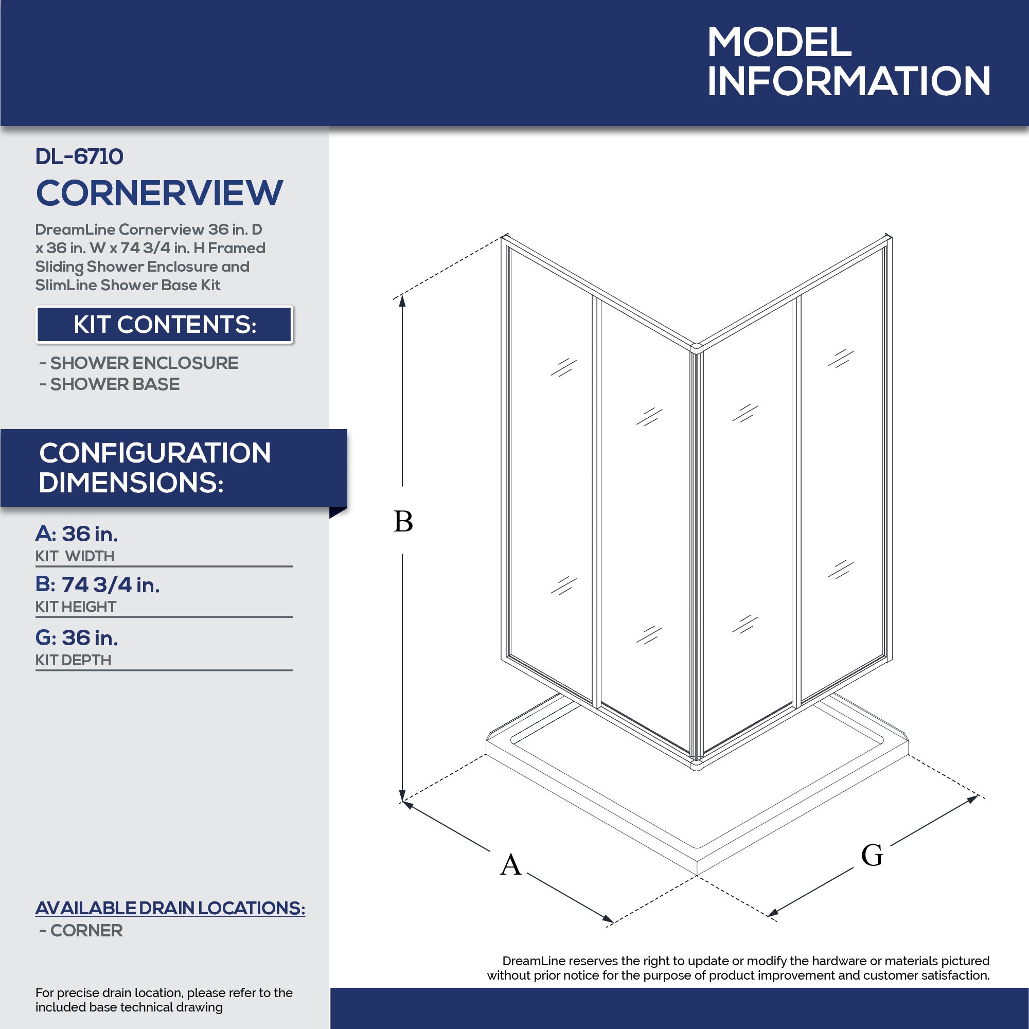 DreamLine Cornerview 36x36x74.75 Inch Framed Sliding Shower Enclosure Kit with SlimLine Base - Perfect for Small Bathrooms & Space-Saving Corner Installations