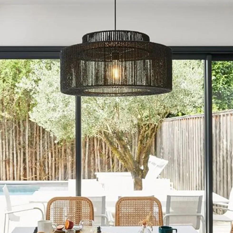 Modern Rattan Pendant Light Fixture - Dark Brown Woven Natural Fiber Chandelier for Dining Room, Kitchen Island & Bedroom Lighting