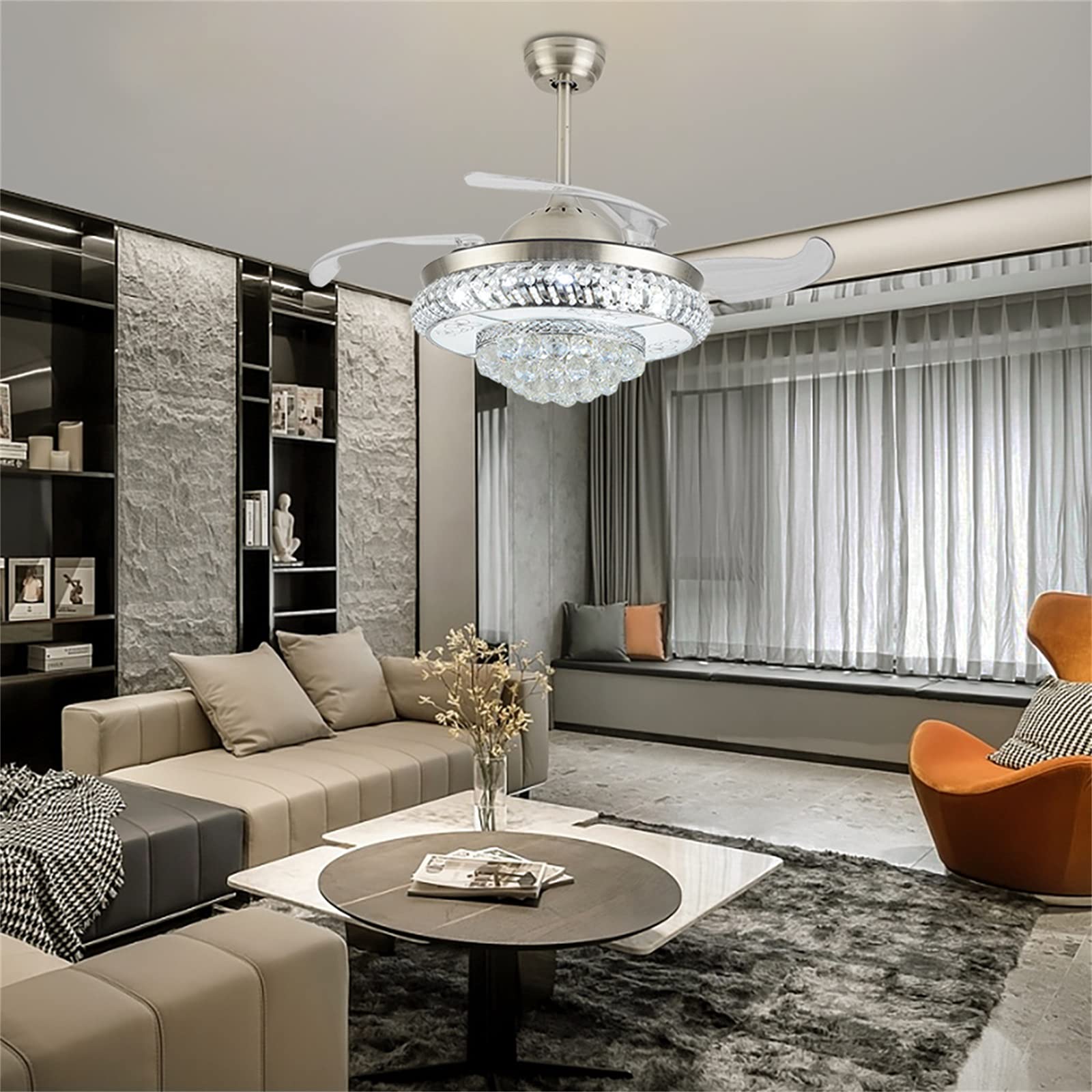 Modern Crystal LED Ceiling Fan with Light - 42 Inch Silver Fandelier with Retractable Blades, Remote Control, 3 Speed Settings & 3 Color Temperatures for Living Room, Bedroom, Dining Room & Kitchen | Energy Efficient Cooling & Stylish Lighting Solution