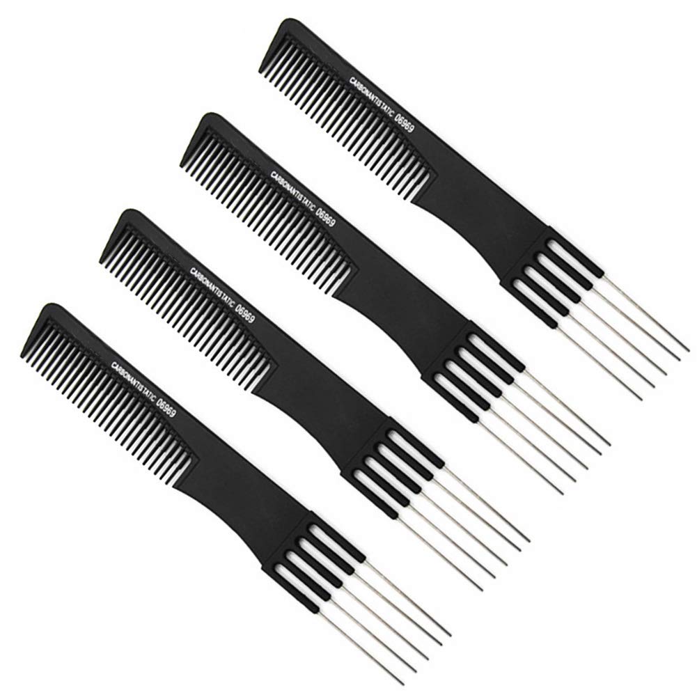 4 Pack Black Carbon Hair Teasing Combs with Metal Prongs - Professional Styling & Lifting Comb for Women & Men - Stainless Steel Backcomb for Voluminous Hairstyles - Perfect for Salon, Home Use & Special Occasions