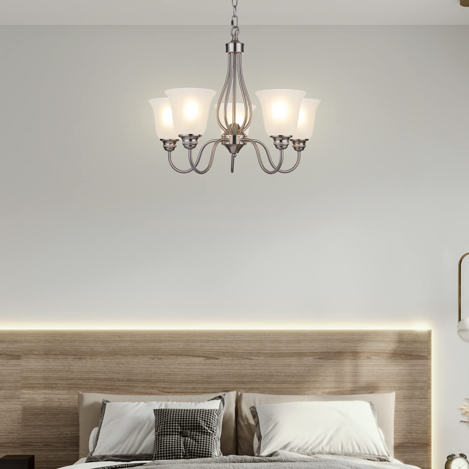 5-Light Brushed Nickel Chandelier - Classic Frosted Glass Ceiling Light Fixture for Dining Room, Living Room, Meeting Room & Corridor - LED Compatible (Bulbs Not Included) - Perfect for Home Decor, Wedding Venues & Restaurant Lighting