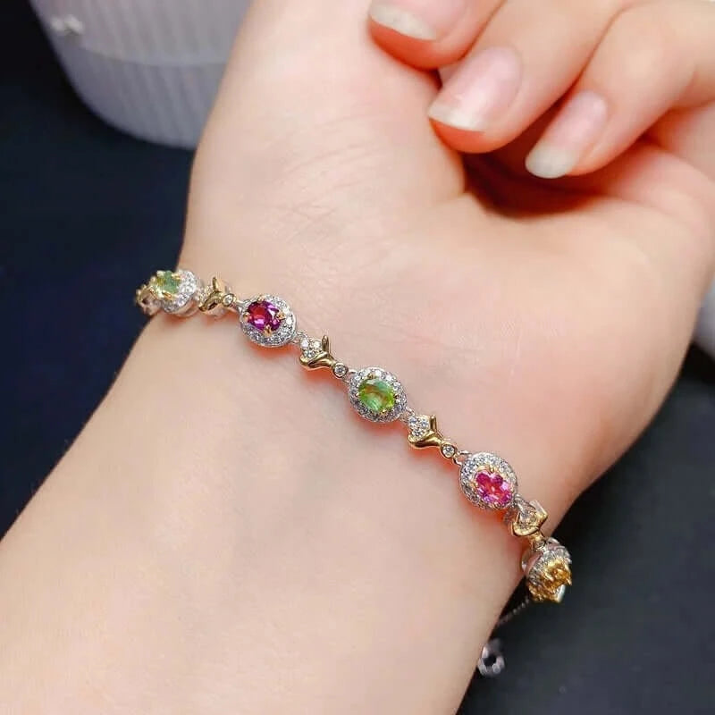 925 Sterling Silver Tourmaline Gemstone Chain Bracelet for Women - Elegant Adjustable Jewelry Gift for Birthday, Anniversary & Special Occasions