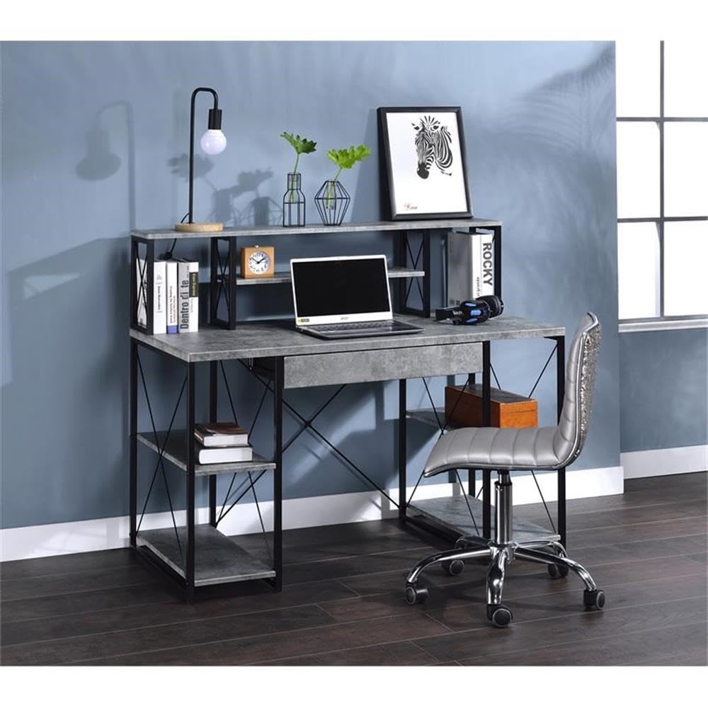 Acme Amiel Wooden 1-Drawer Writing Desk in Faux Concrete & Black - Modern Home Office Desk for Small Spaces, Study & Work from Home