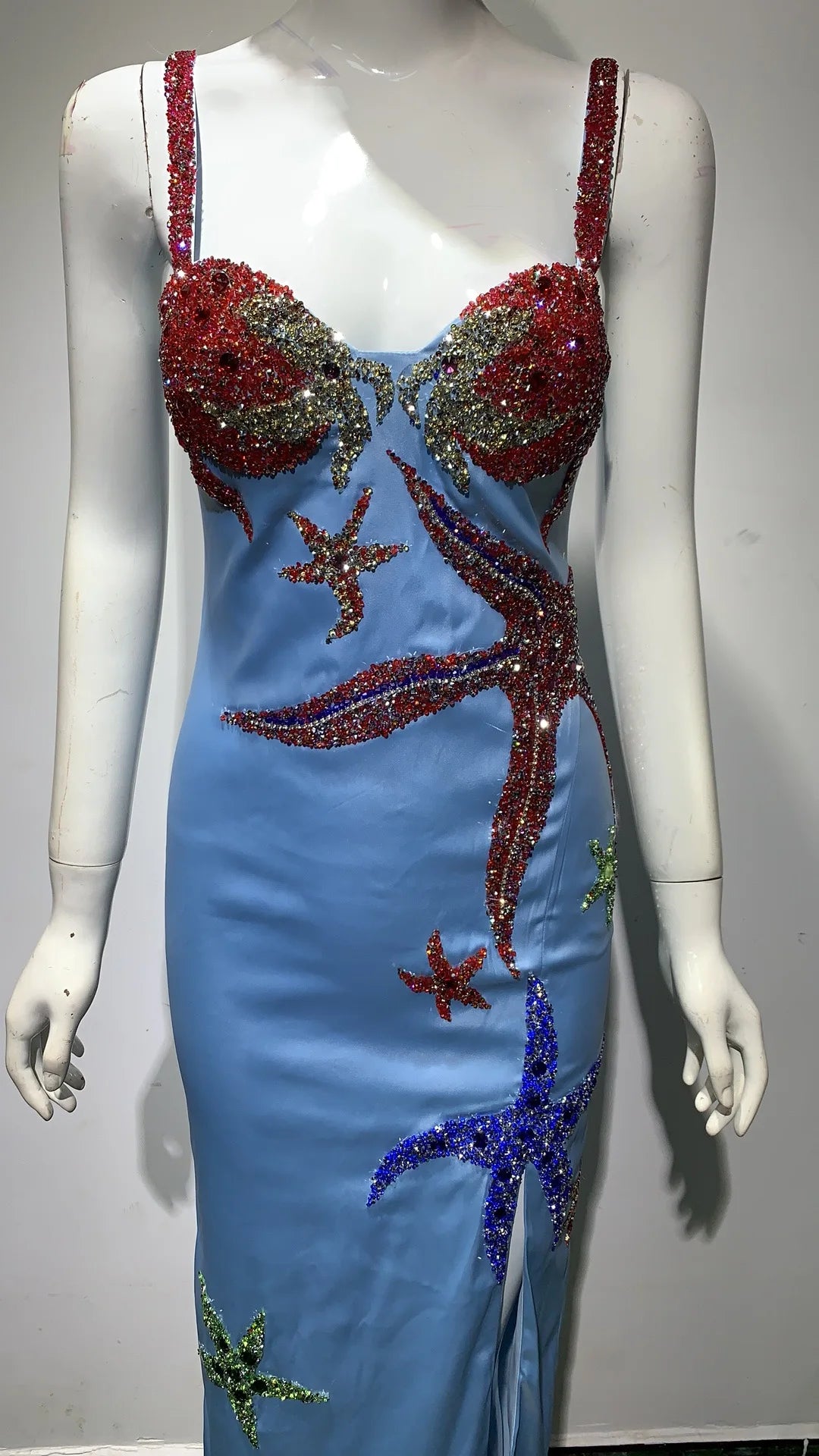 Blue Beaded Sequins Star Slim Sexy Spaghetti Strap Ruffle Dress for Night Club Party, Celebrity Events & Special Occasions - Elegant Designer Vestidos for Women