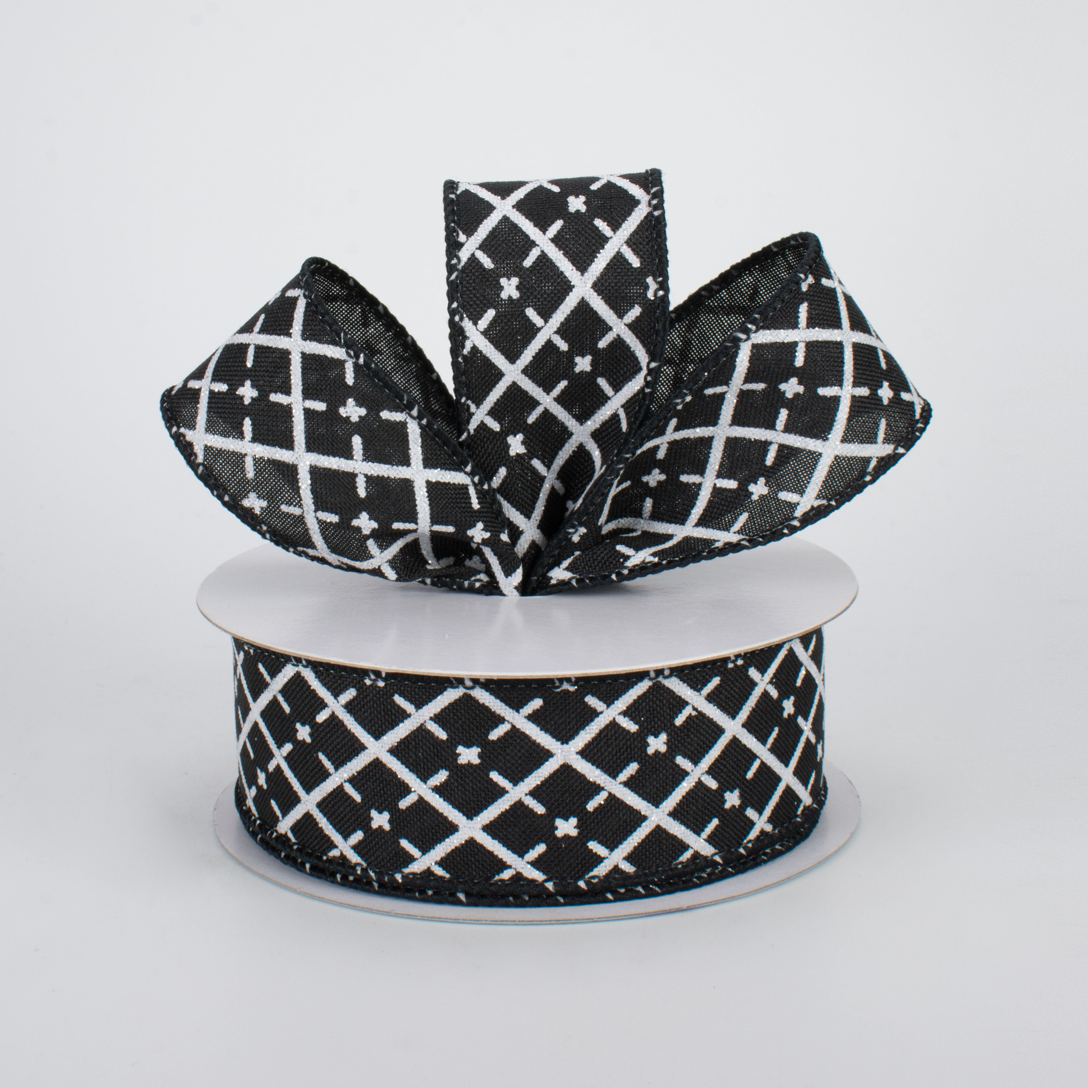 1.5 Inch Glittered Argyle Ribbon - Black & White Pattern - 10 Yards Bulk Roll for Gift Wrapping, Crafts, DIY Projects, Party Decorations and Scrapbooking
