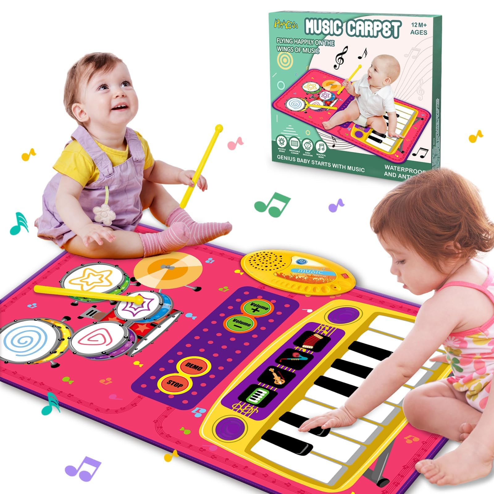 PRAGYM Musical Playmat for Toddlers - 2-in-1 Piano Keyboard & Drum Baby Toy - Educational Gift for 1-2 Year Old Girls & Boys - First Birthday Present - Perfect for Early Learning & Sensory Development at Home or Daycare