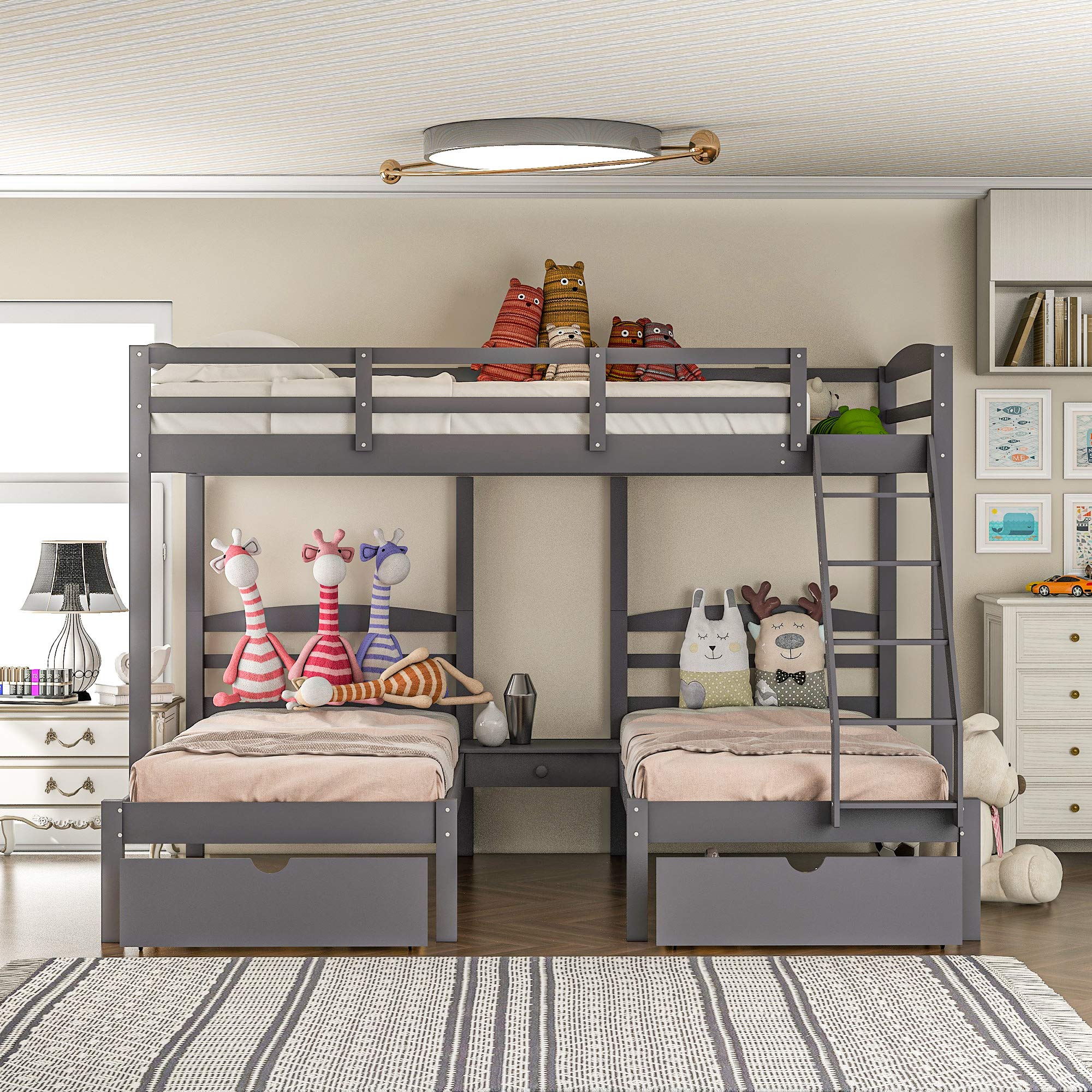 Full Over Twin & Twin Bunk Bed Frame - Solid Wood Triple Bunk Bed with Drawers & Guardrails for Kids, Teens & Adults - Space Saving Bedroom Furniture for Small Rooms, Dorms & Guest Rooms