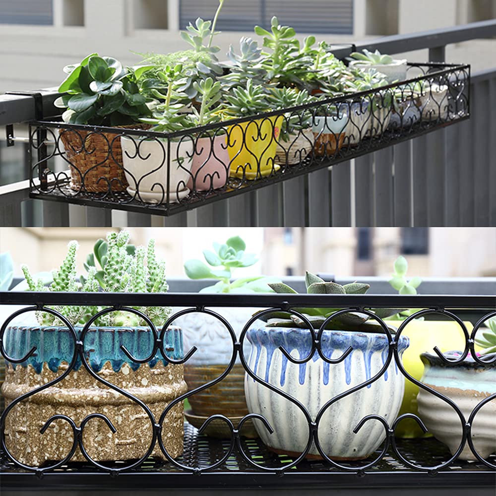 Matybobe Iron Hanging Flower Railing Shelf Basket with Hooks - Balcony Planter Pots Stand Holder for Outdoor Plants - Perfect for Small Space Gardening, Patio Decor & Vertical Garden Organization (1-Tier)