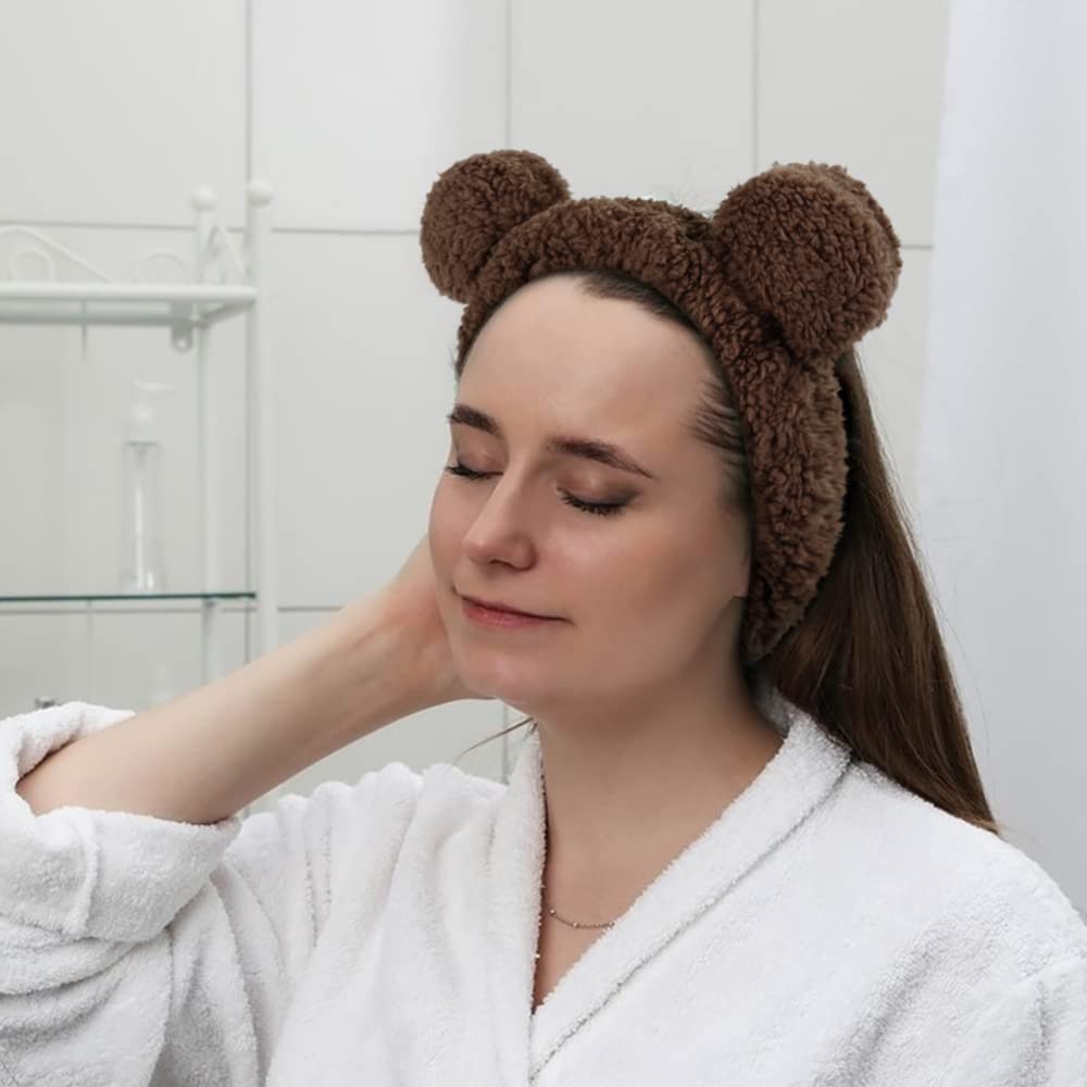 Huachi Spa Headbands for Women & Girls - Soft Elastic Fluffy Bear Ears Hair Band for Face Washing, Makeup & Skincare | Korean Beauty Accessories (Brown) | Perfect for Spa Days, At-Home Skincare Routines & Self-Care Moments