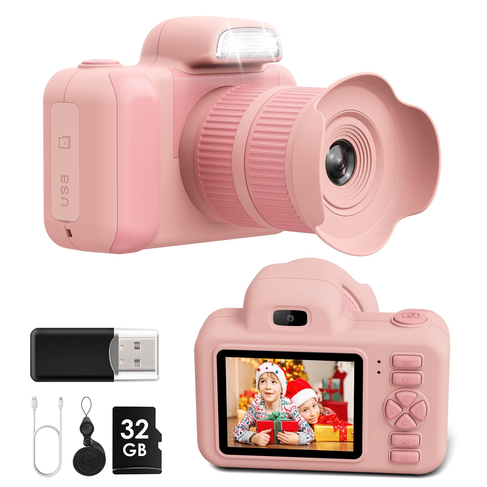 **Kids Digital Camera with Flash - 1080P HD Video & 2 Inch Screen, 32GB Memory - Best Christmas Birthday Gift for Boys Girls Age 3-12 - Perfect for Travel, Parties & Outdoor Adventures (Pink)**