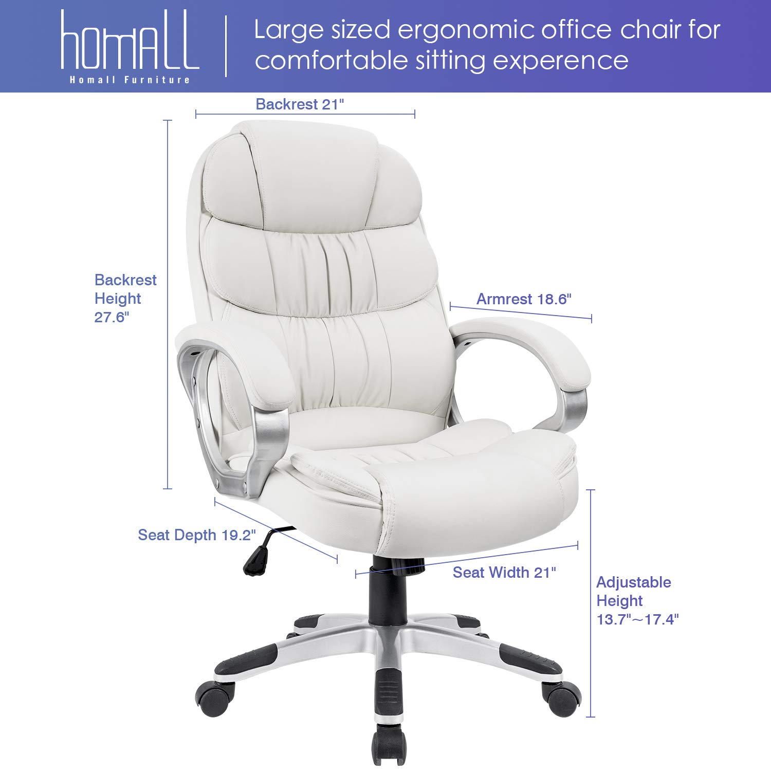 Homall High Back Office Chair - Ergonomic PU Leather Executive Desk Chair with Adjustable Height, Swivel Base, Padded Armrests & Lumbar Support for Home & Office Workspace (White) - Perfect for Long Hours Computer Work, Gaming & Conference Rooms