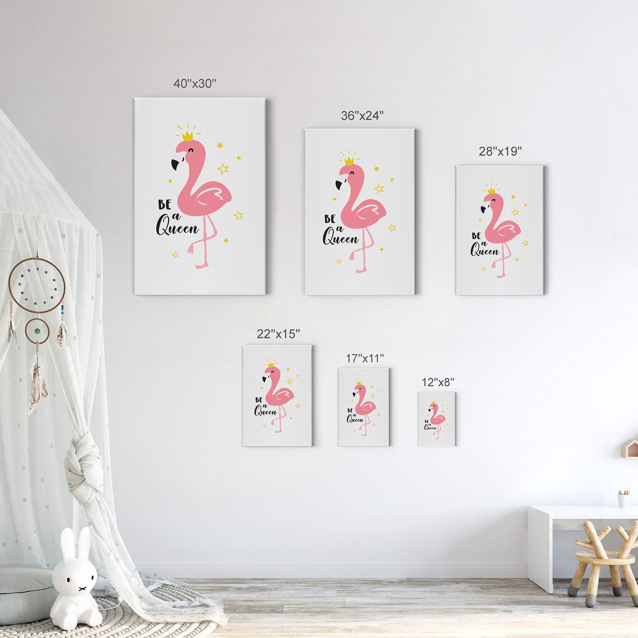Be a Queen Quote Flamingo Wall Art - 22x15 Inch Canvas Print for Kids Room, Nursery & Baby Room Decor - Ready to Hang, Made in USA | Perfect for Girls' Bedroom, Playroom & Birthday Gifts