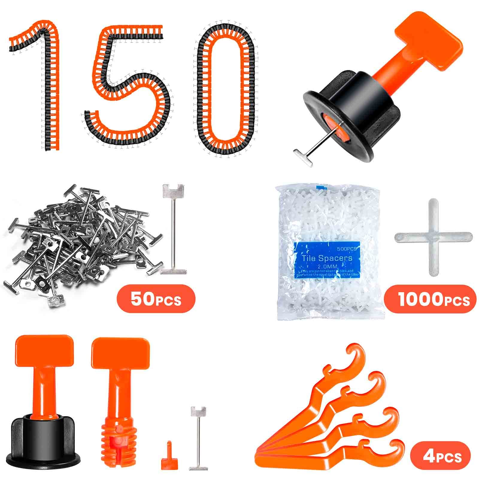 Premium 150pcs Tile Leveling System Kit with Reusable Spacers, 1000pcs 1/12