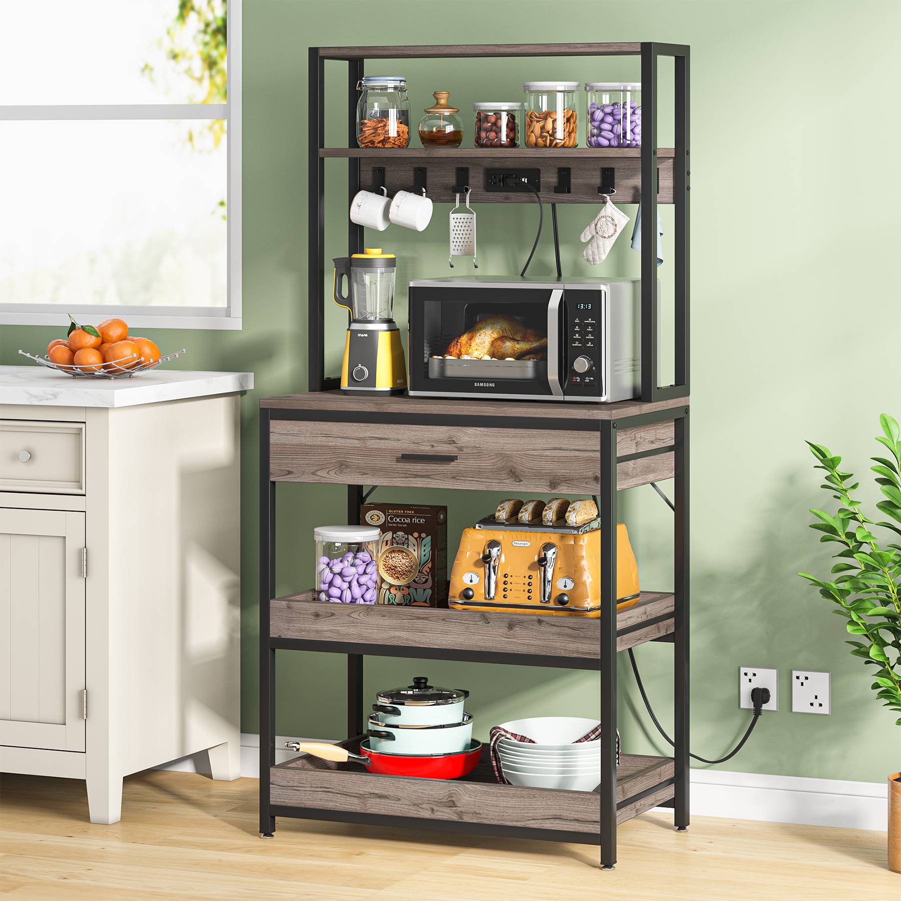 5-Tier Metal Kitchen Baker's Rack with Electrical Outlets, Storage Drawer & Adjustable Shelves - Perfect for Baking, Cooking, and Organizing Small Appliances in Home Kitchen