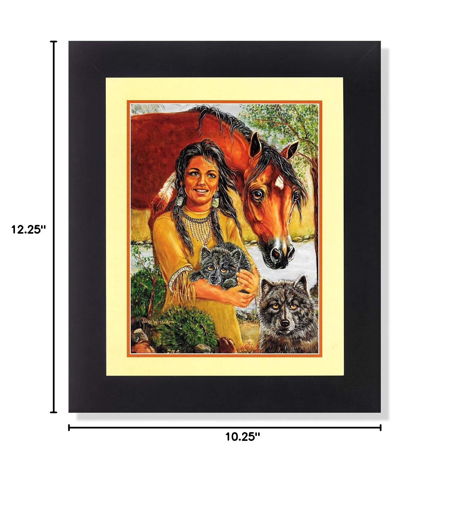 Native American Indian Girl with Wolf and Horse Framed Wall Art Print - 8x10 Inches Black Picture for Home, Office & Nursery Decor