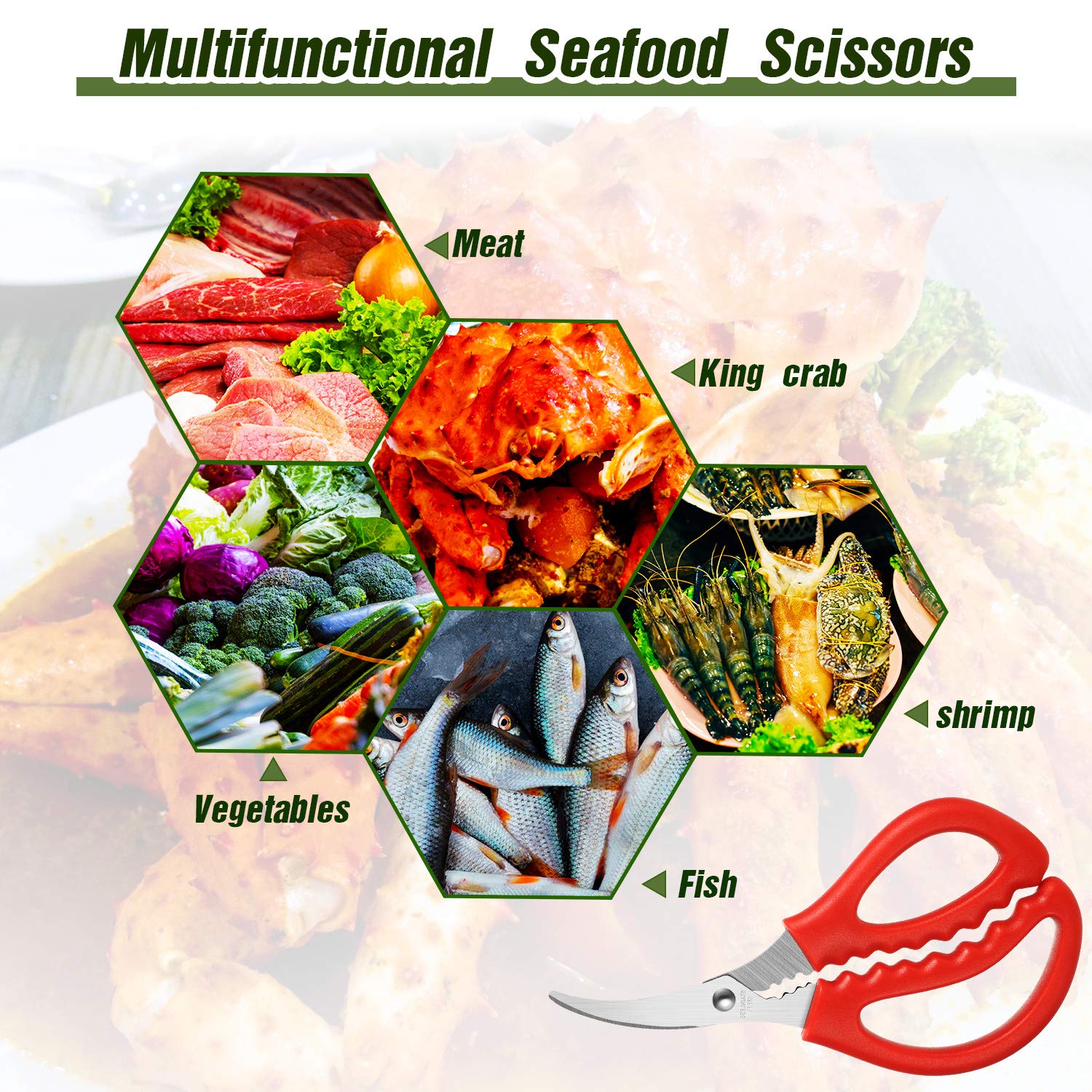 Honoson Kitchen Seafood Scissors Set - 3-Piece Multifunctional Stainless Steel Shears for Fish, Crab, Shrimp, Lobster - Red Peeling Tools for Home Cooking and Outdoor BBQ